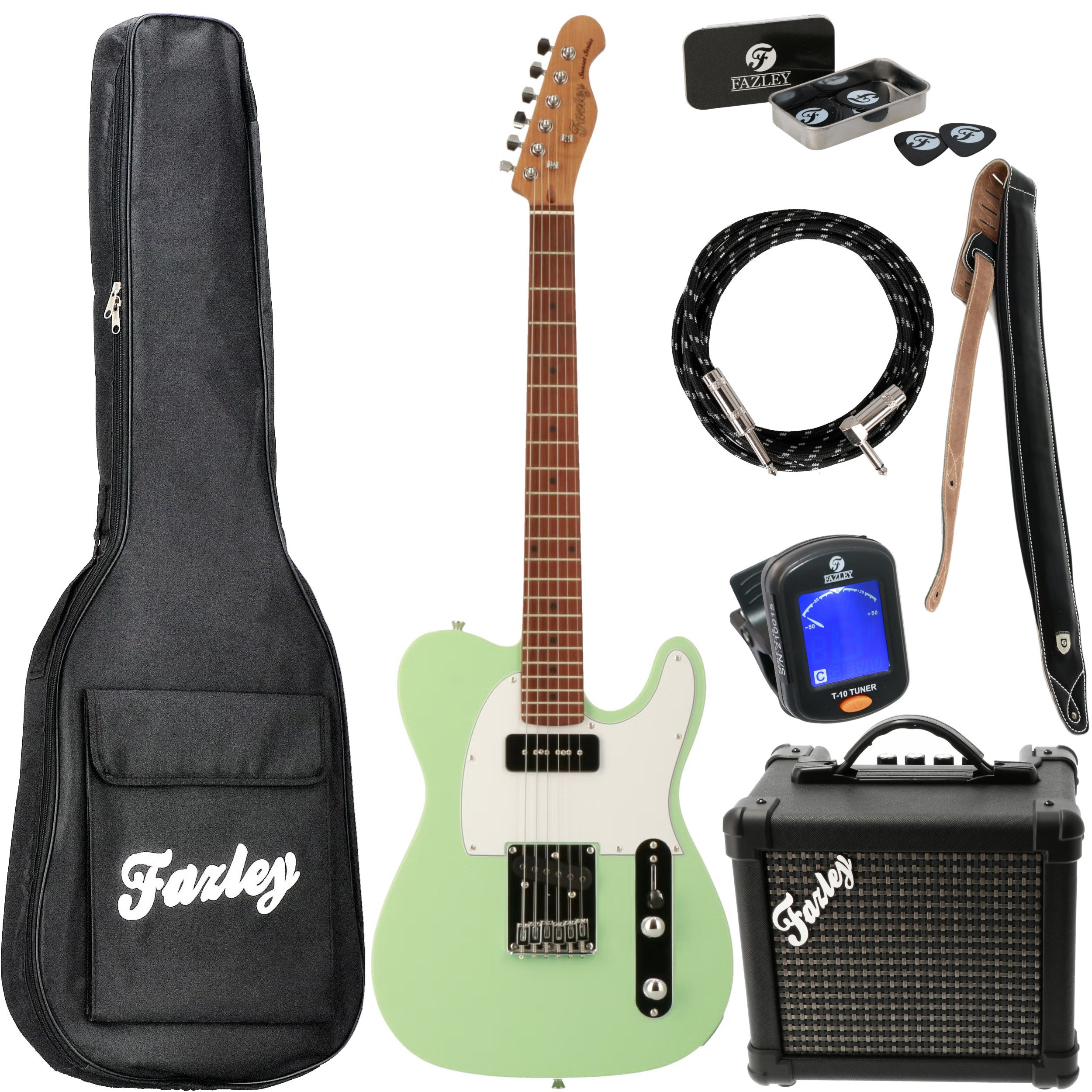 Een lichtgroene elektrische gitaar met accessoires: tas, versterker, kabel, riem, plectrums, tuner.