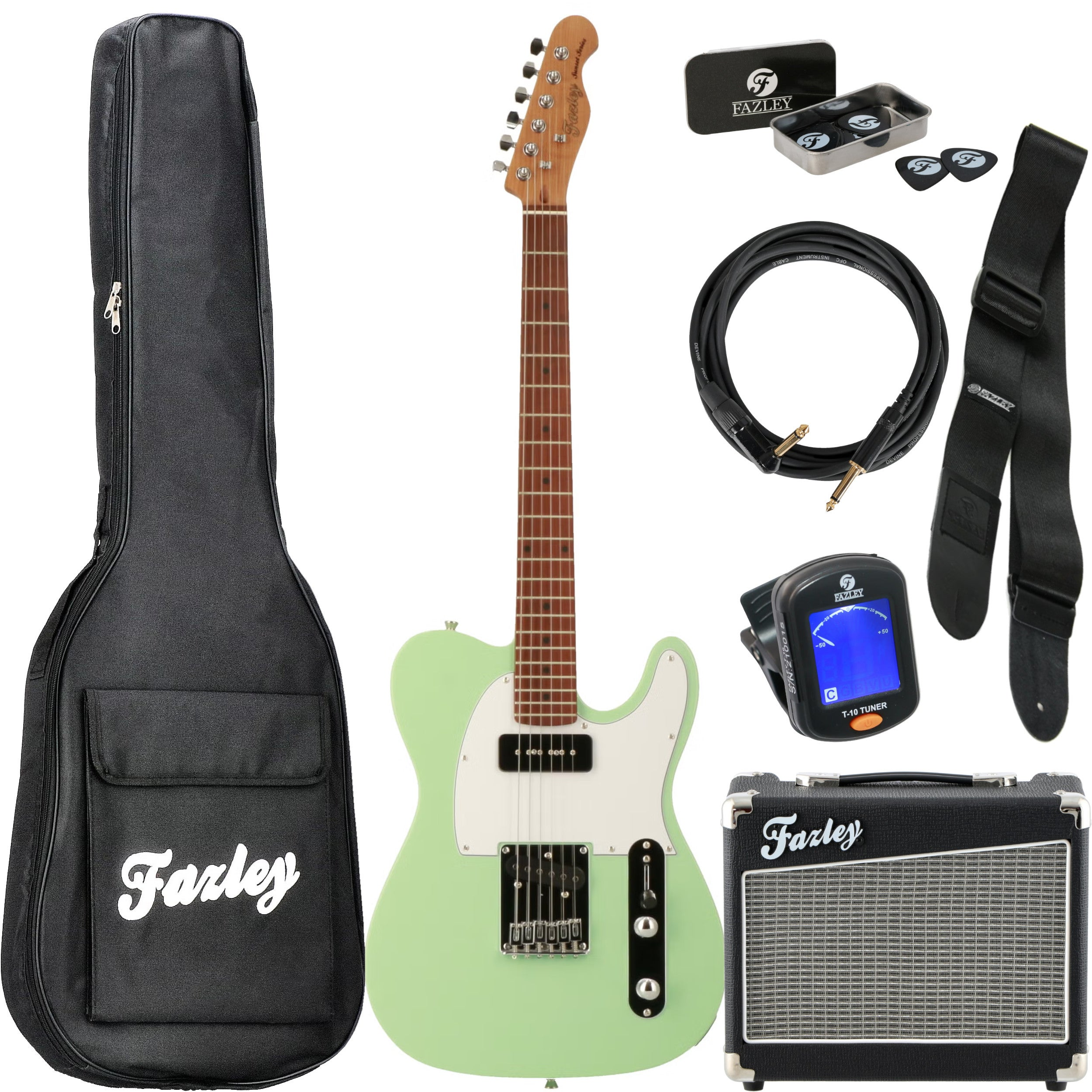 Groene elektrische gitaar met koffer, versterker, kabel, riem, plectrums en tuner.