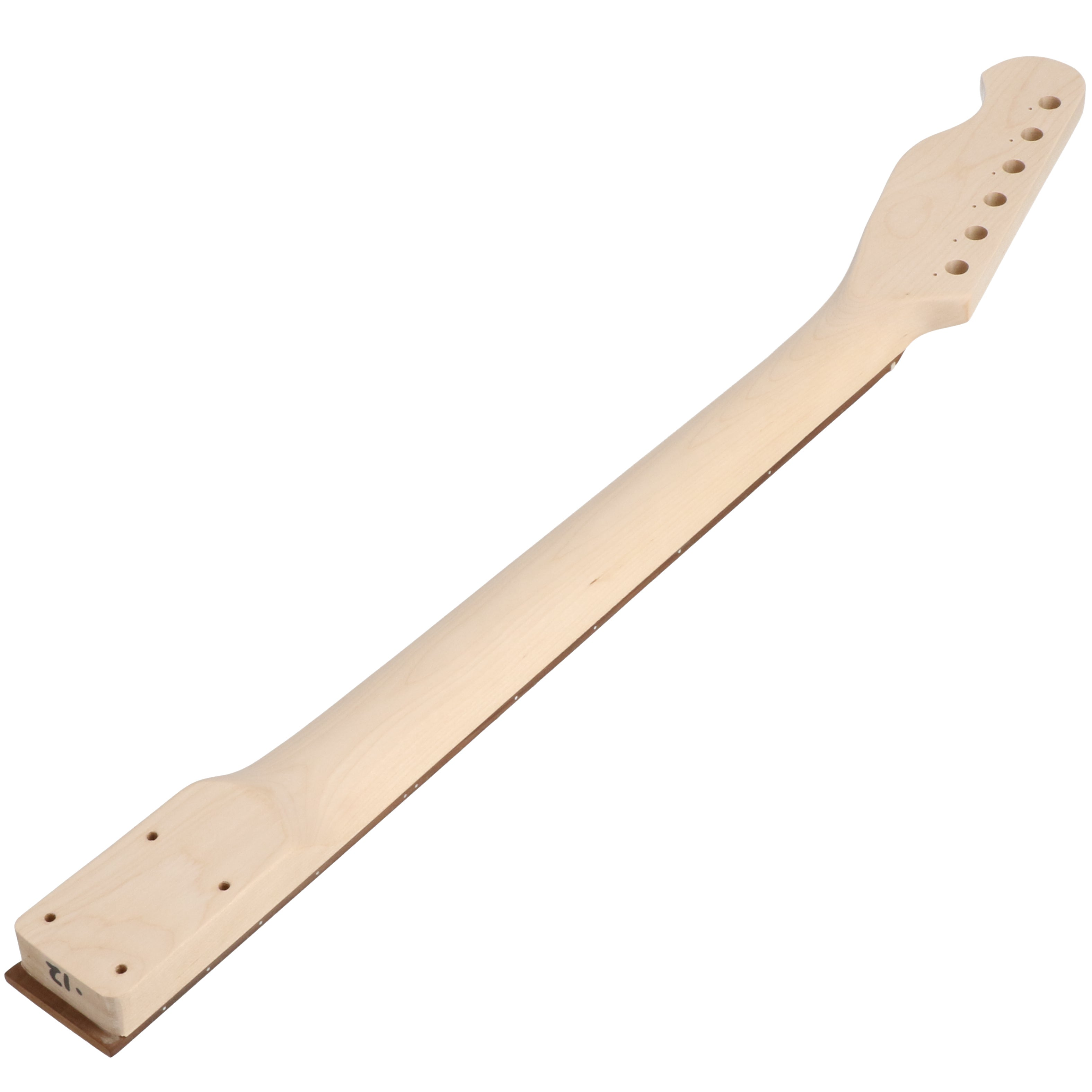 Een onafgemaakte licht houten gitaarhals met zes stemmechanieken en een rechthoekig lichaam.