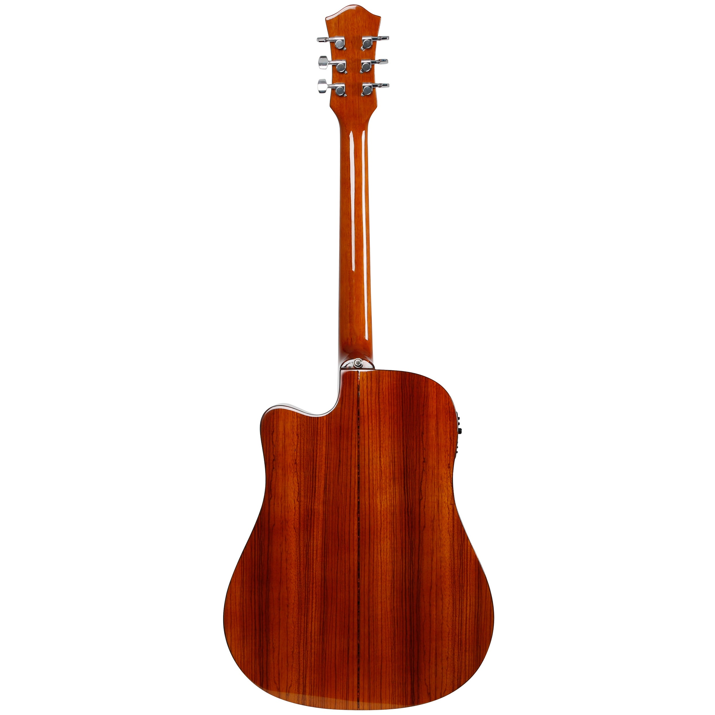 Rear view of an acoustic guitar with wood grain and silver tuning pegs.