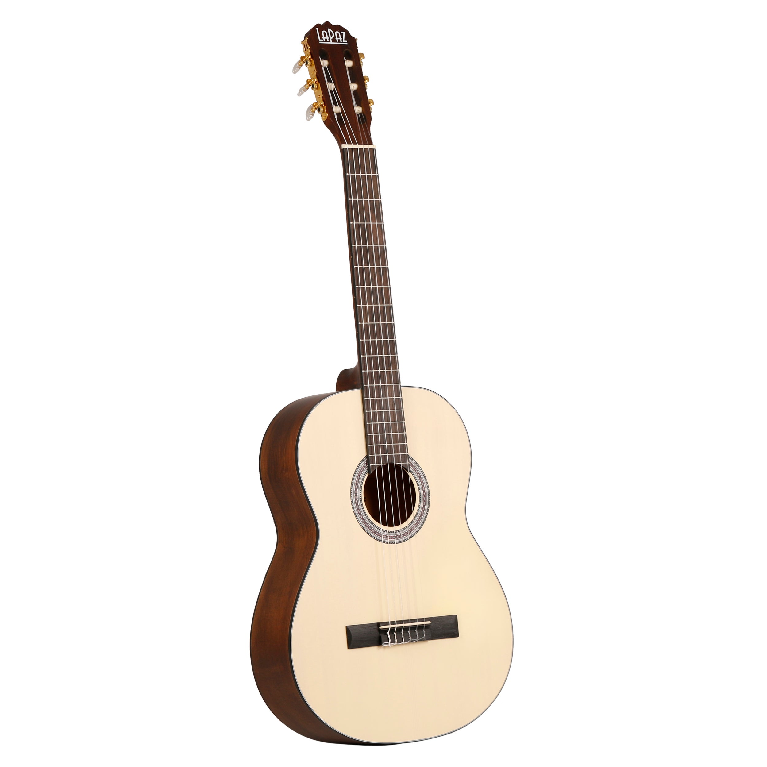 Een lichtgekleurde klassieke gitaar met een donkerhouten body en hals, op een witte achtergrond.