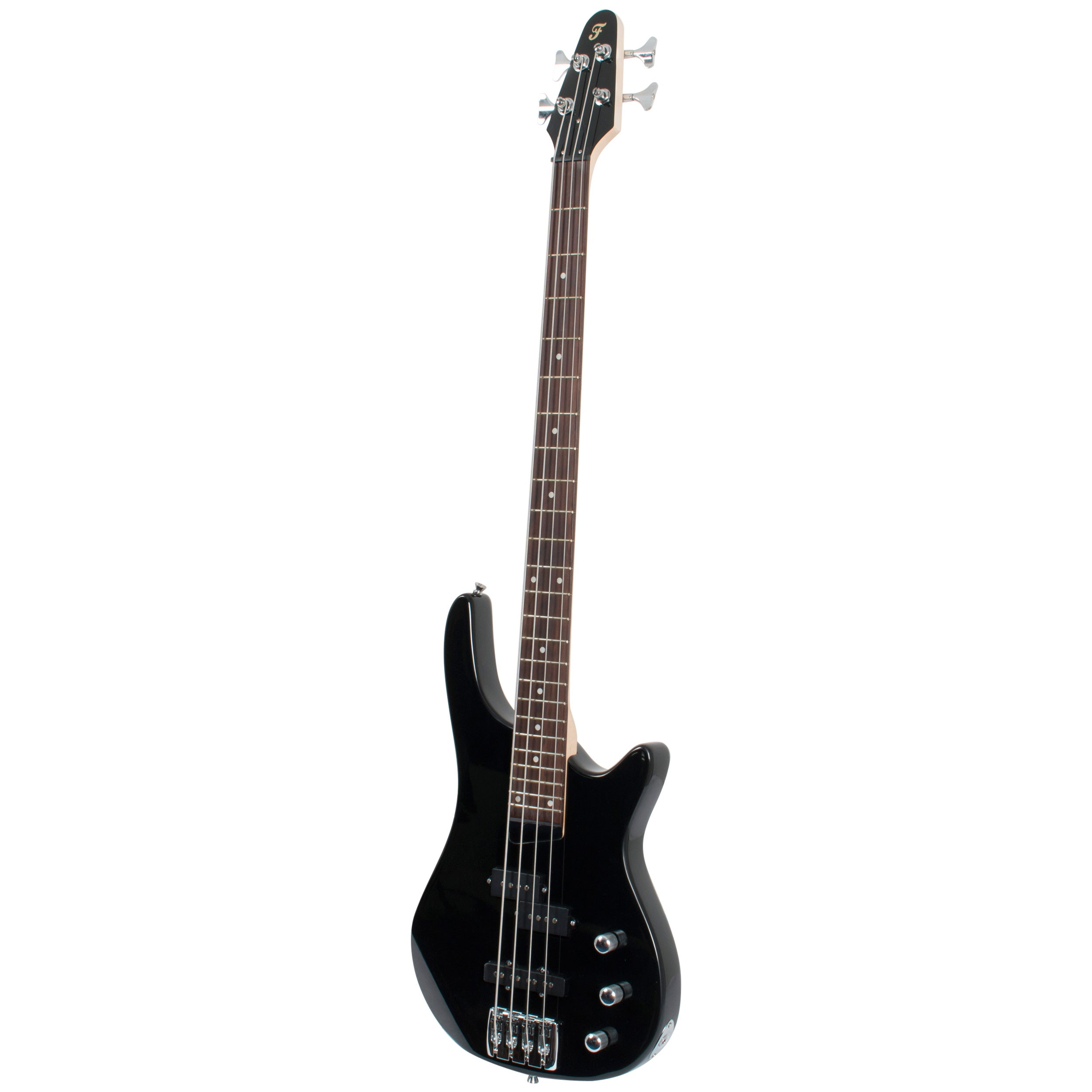 Een zwarte, vier-snarige elektrische basgitaar met een donker toetsenbord en zilveren hardware.