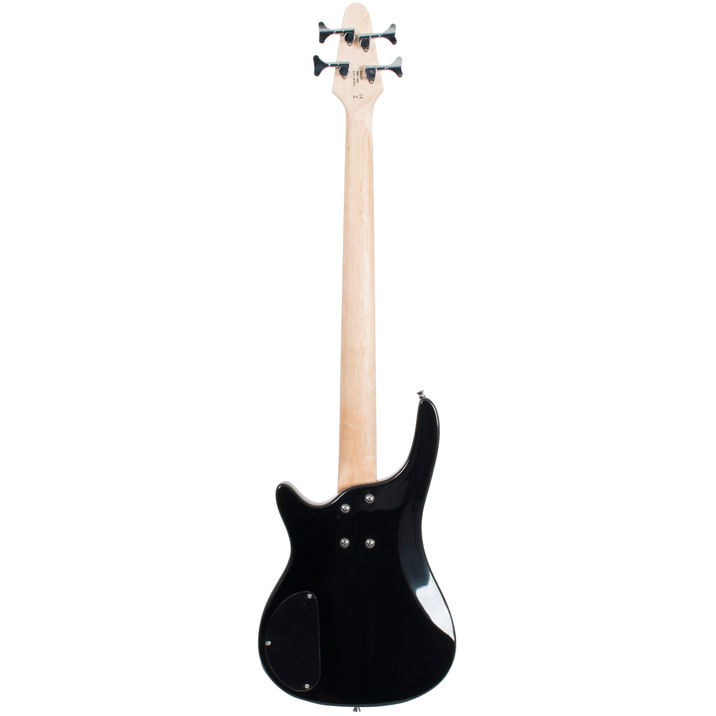 Achterkant van een zwarte elektrische basgitaar met lichte houten hals en vier stemknoppen.