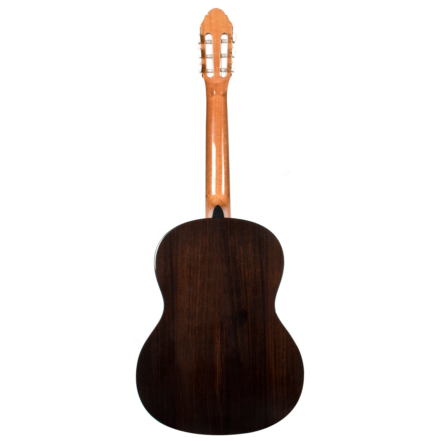 Achterkant van een akoestische gitaar met een donker lichaam en lichte hals.