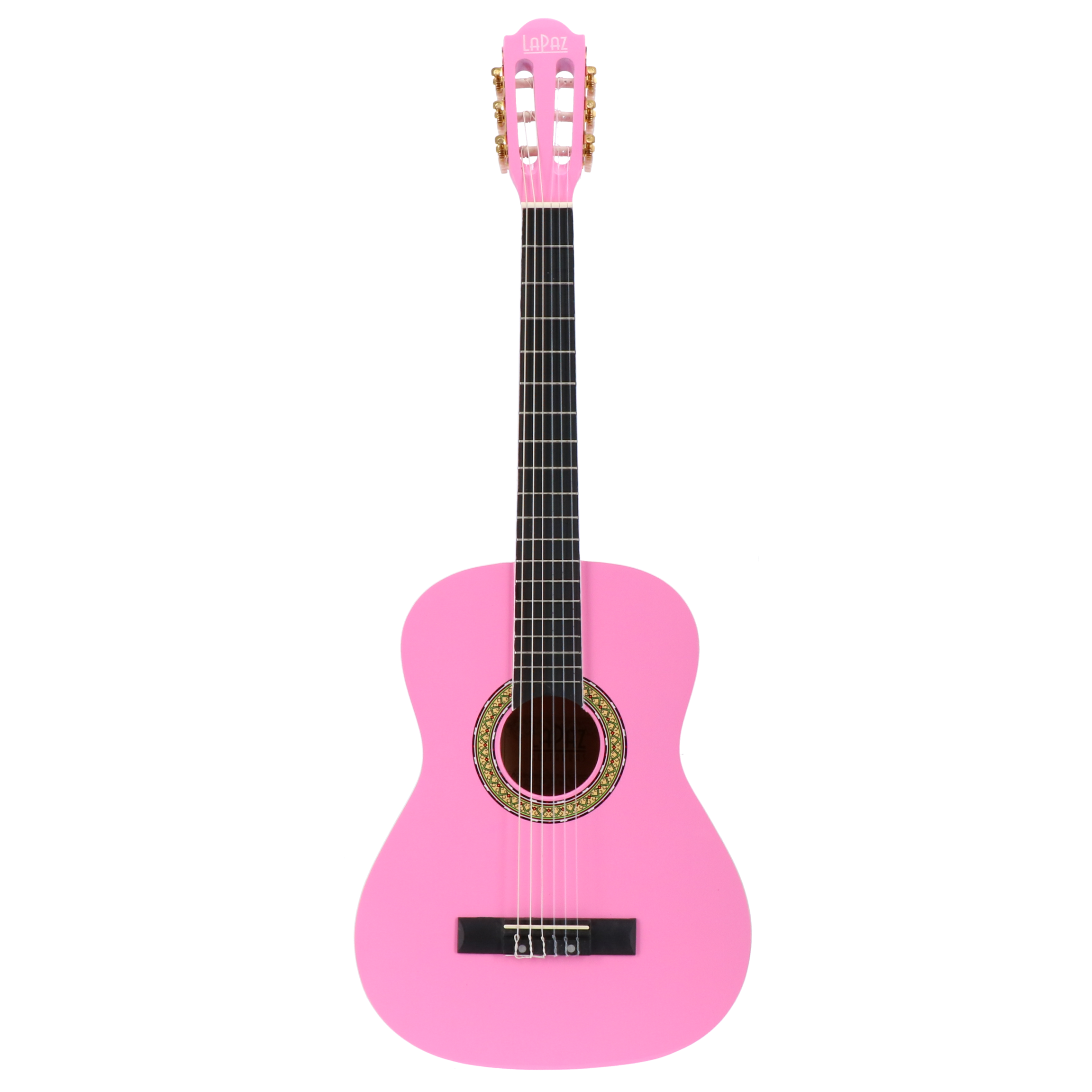 Een roze gitaar met zes snaren en gouden stemknoppen.