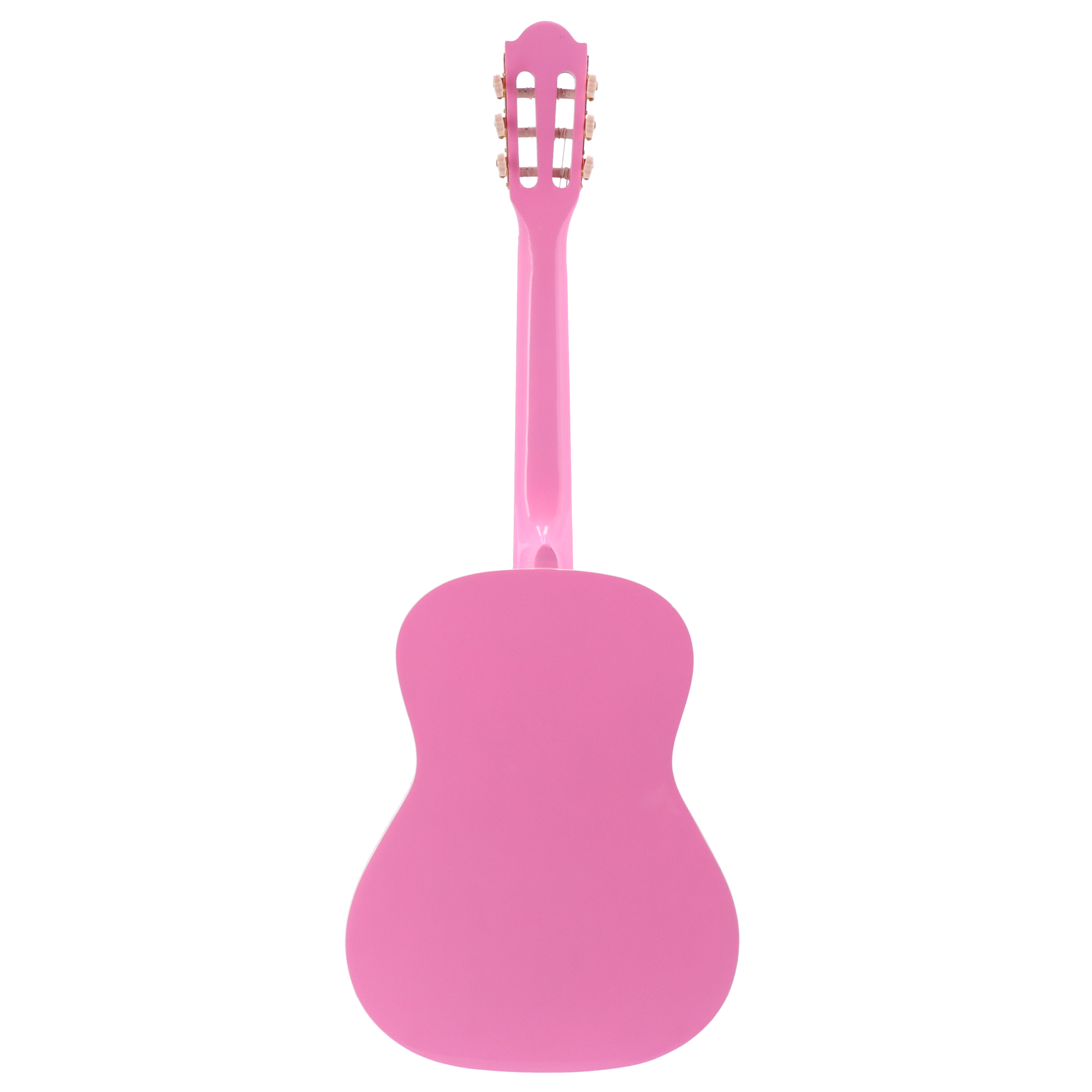 Een roze gitaar tegen een zwarte achtergrond.