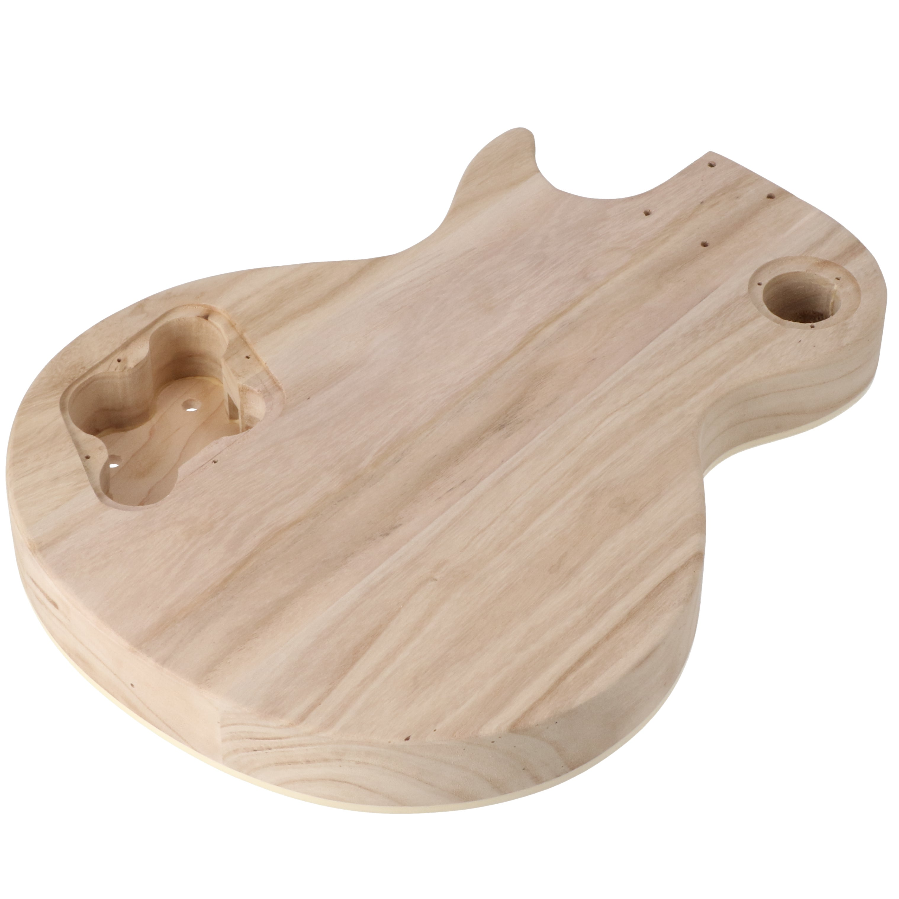 Een ongelakte gitaarkop van licht hout met uitsparingen voor pickups.