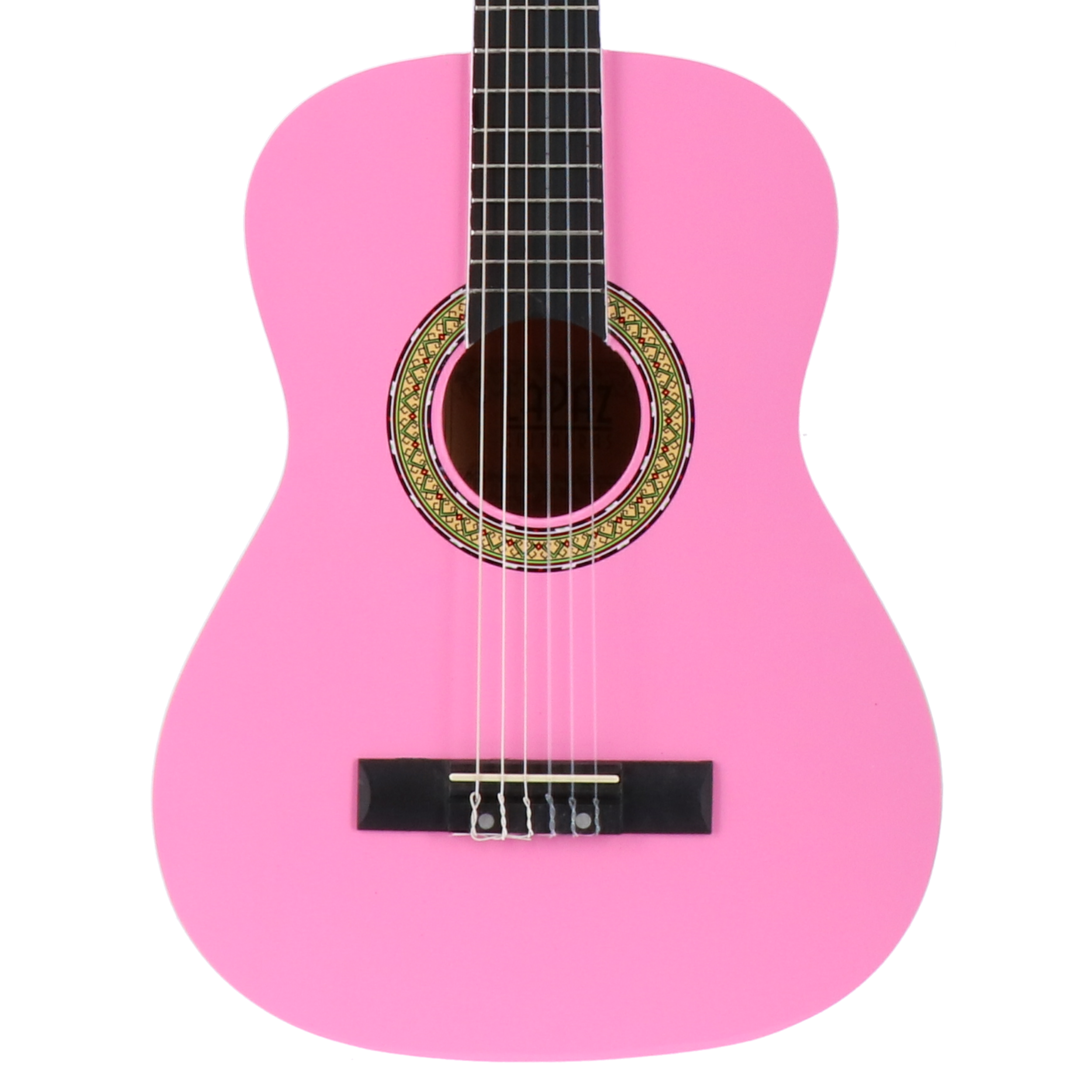 Een roze akoestische gitaar met zes snaren en een versierd klankgat.