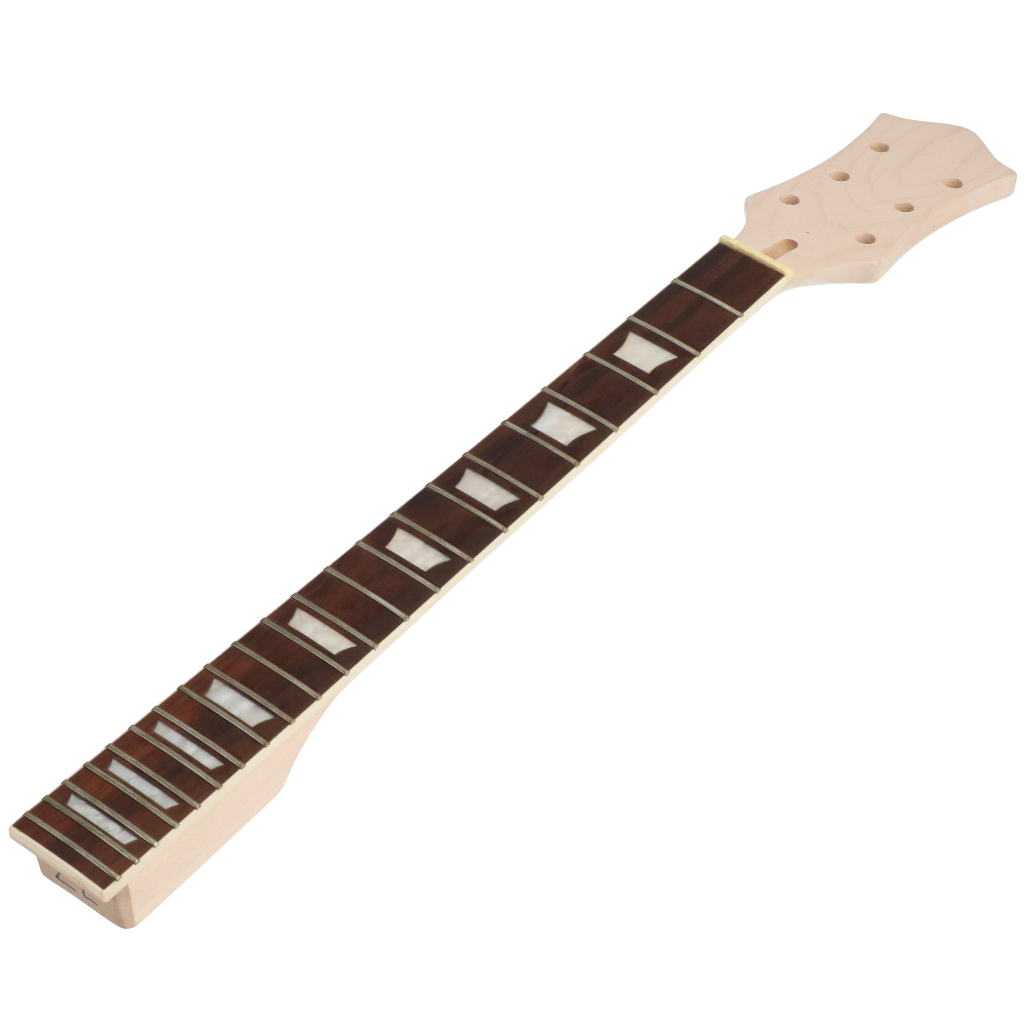 Een houten gitaarhals met een donker toetsenbord en trapeziumvormige inlays.