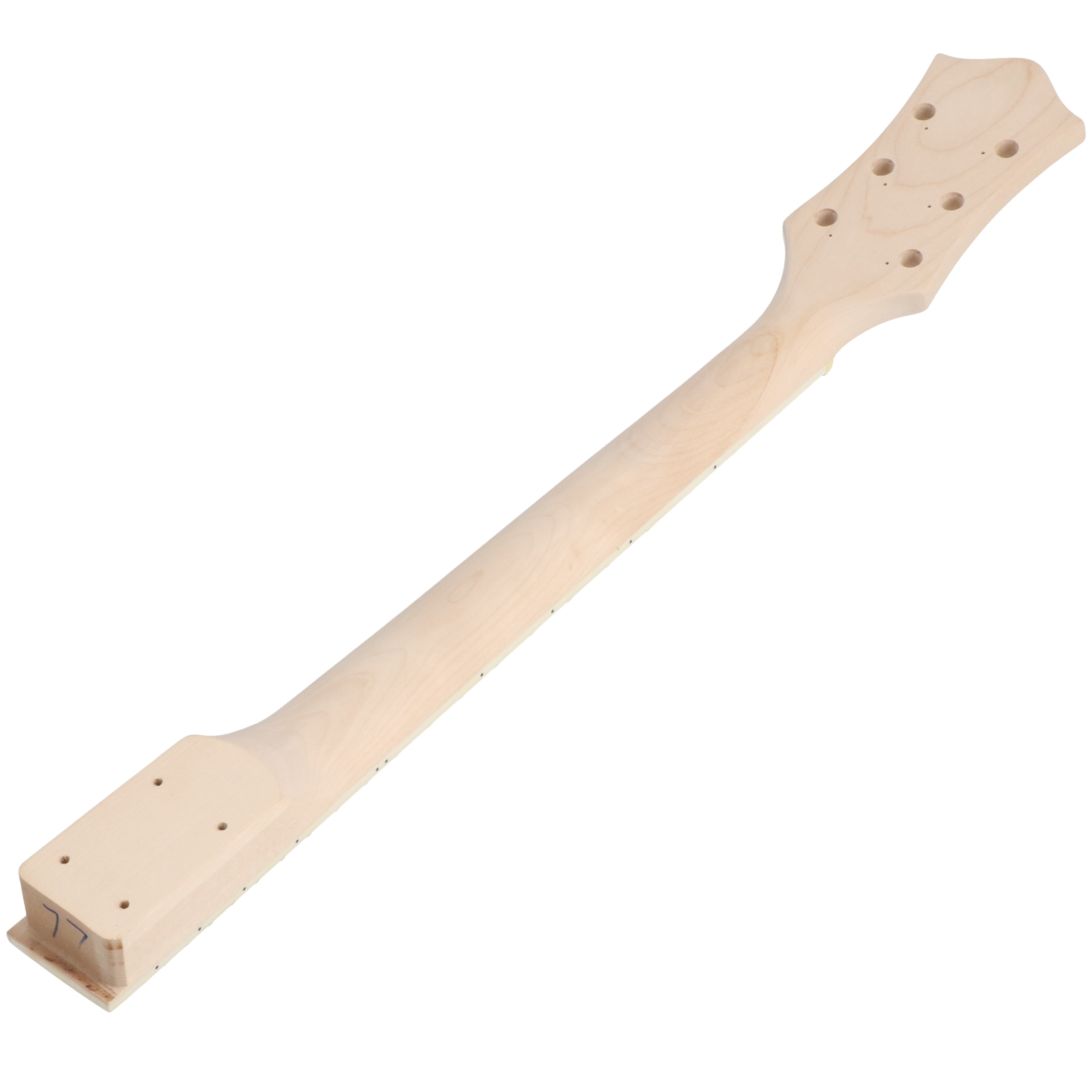 Een houten gitaarhals met zes stemmechaniek-gaten en een brede body.