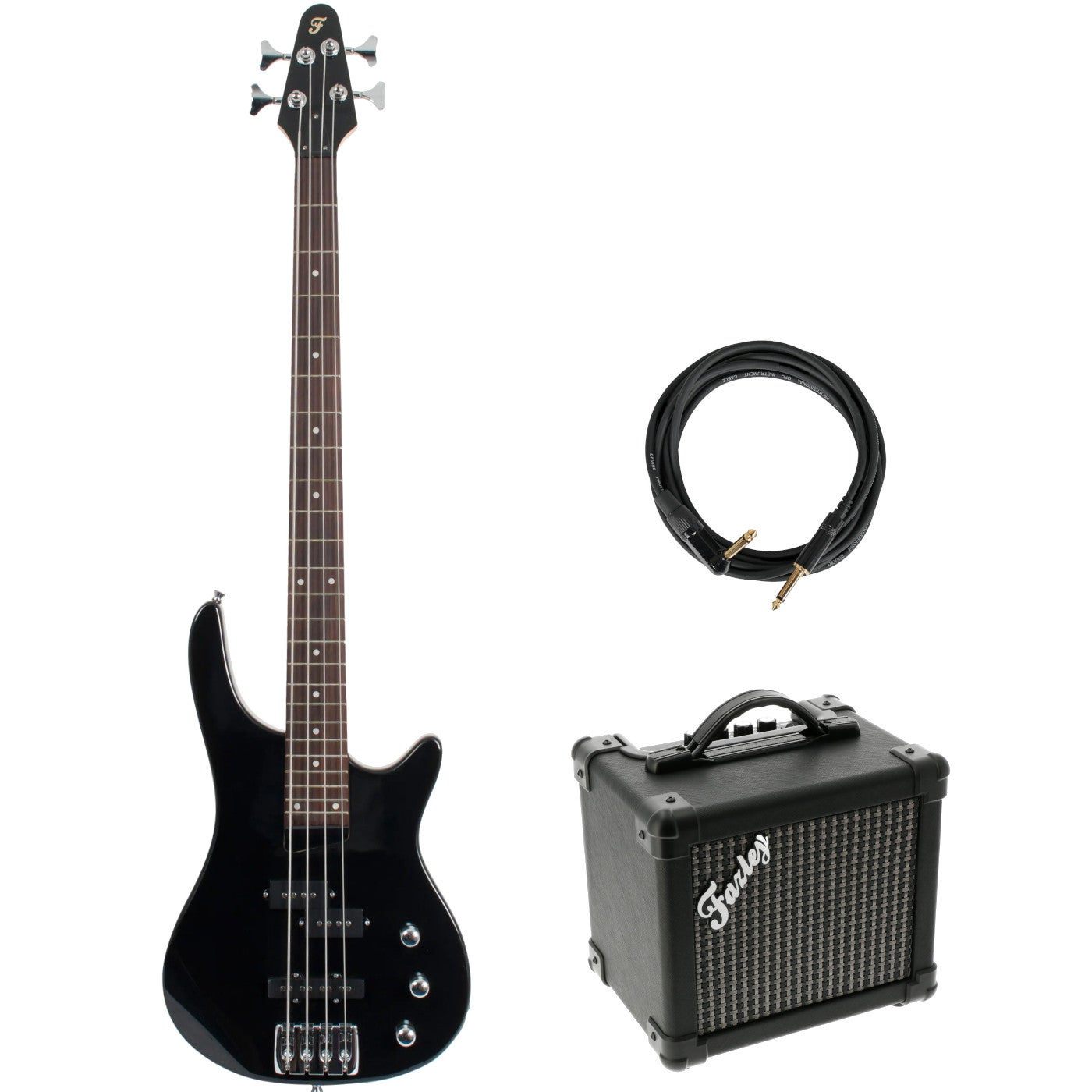 Een zwarte elektrische basgitaar, kabel en kleine versterker op witte achtergrond.
