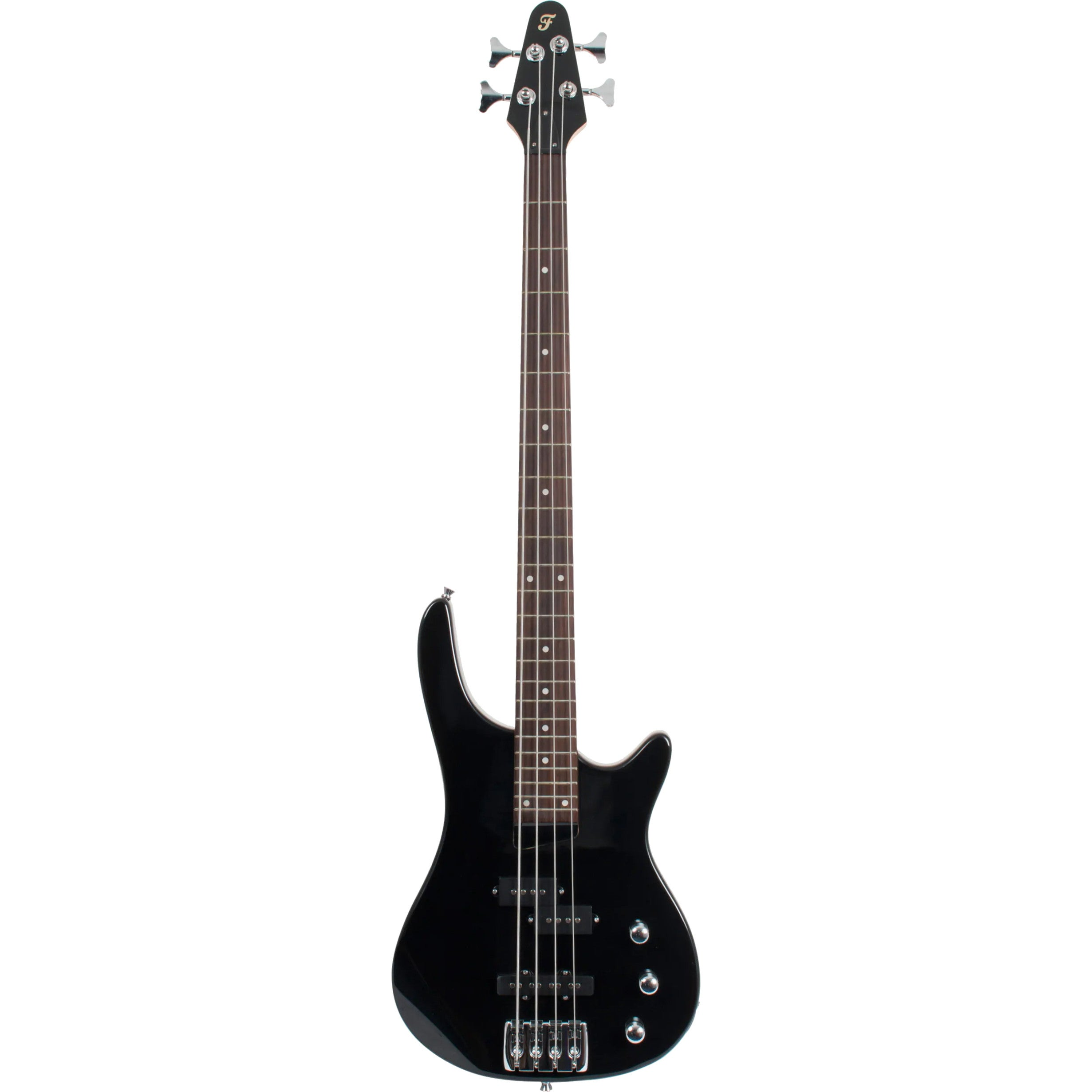 Een zwarte 4-snarige basgitaar met zilveren stemknoppen en knoppen.