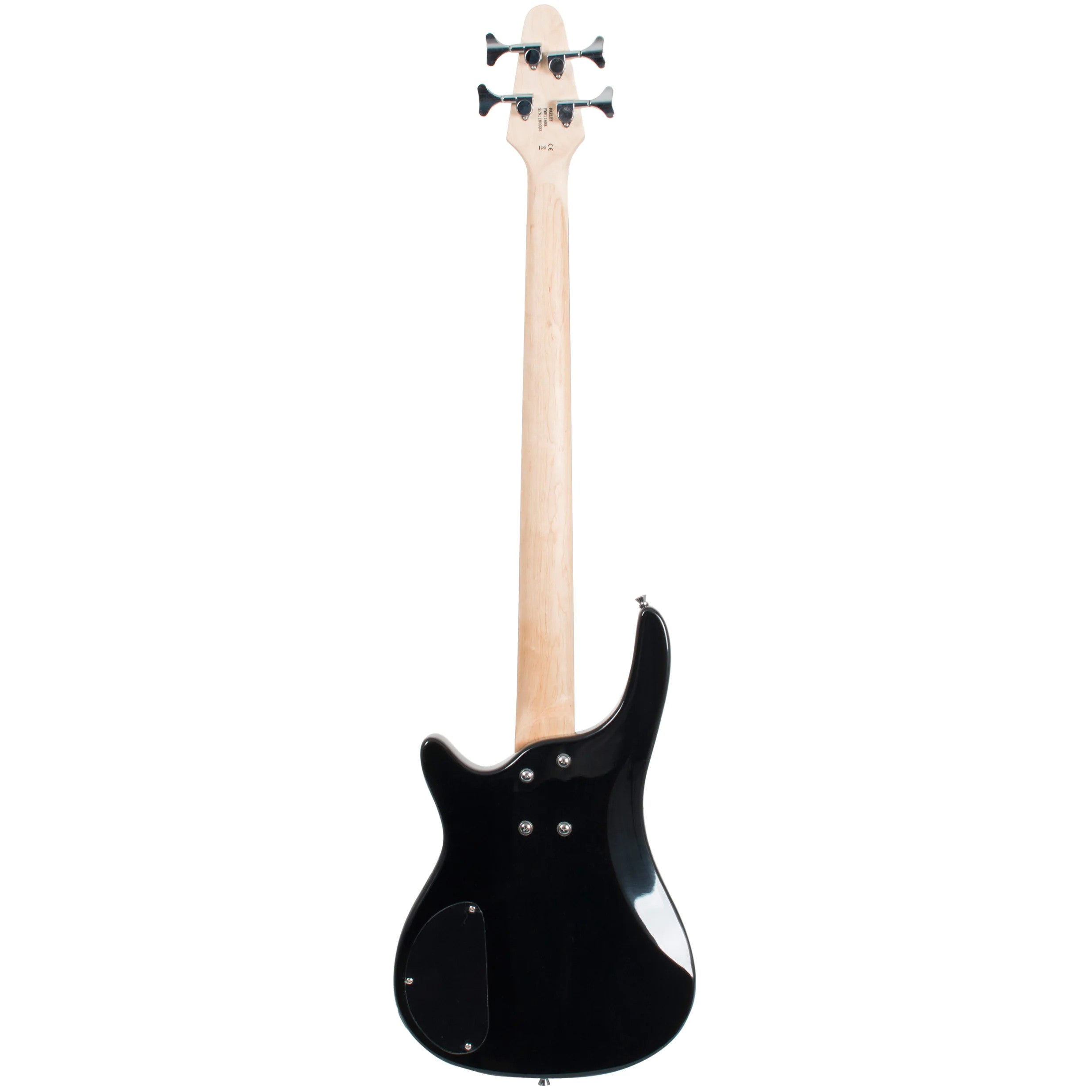Achterkant van een zwarte elektrische basgitaar met lichte houten hals en zilveren stemknoppen.