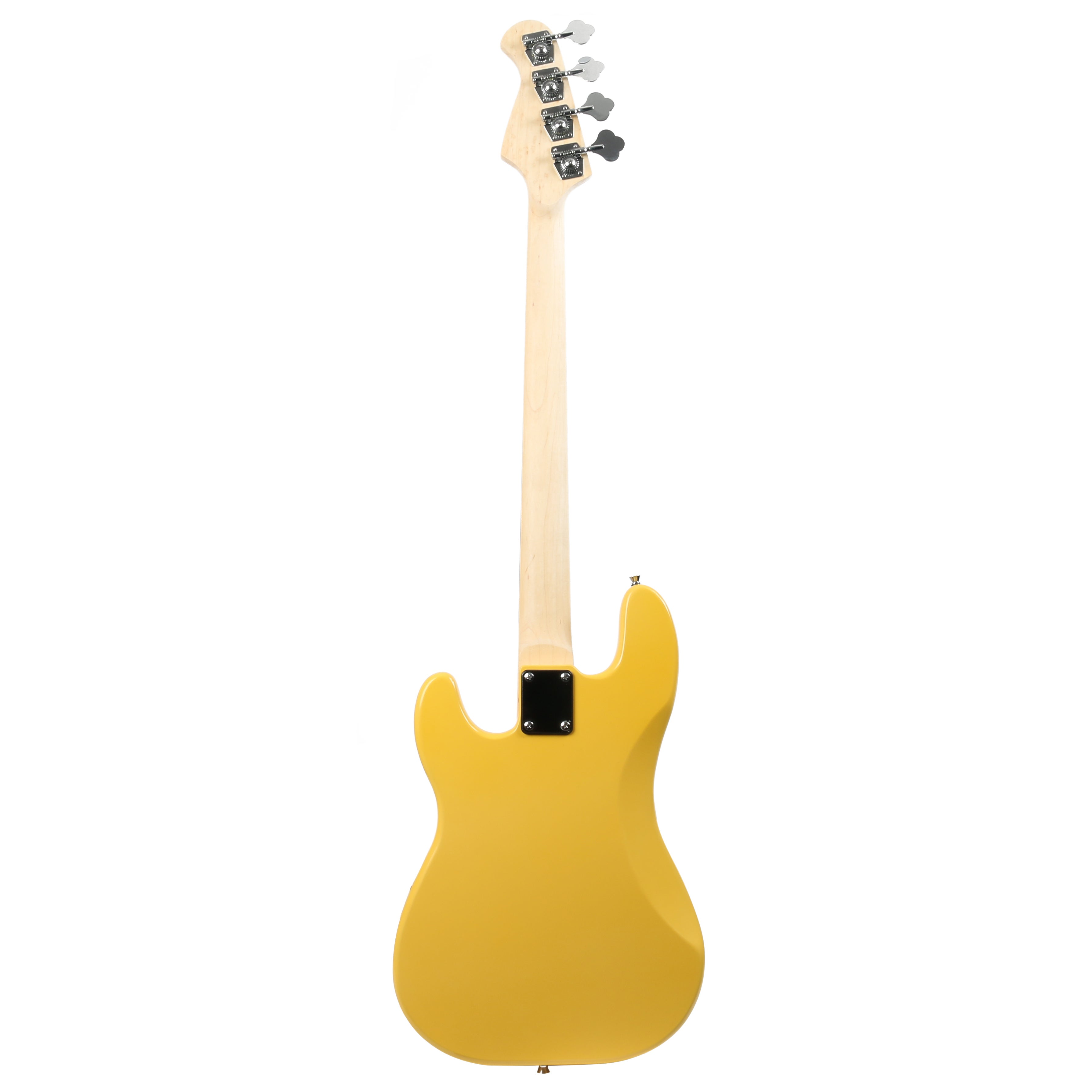 Achterkant van een gele elektrische basgitaar met lichte hals en chromen stemmechanieken.