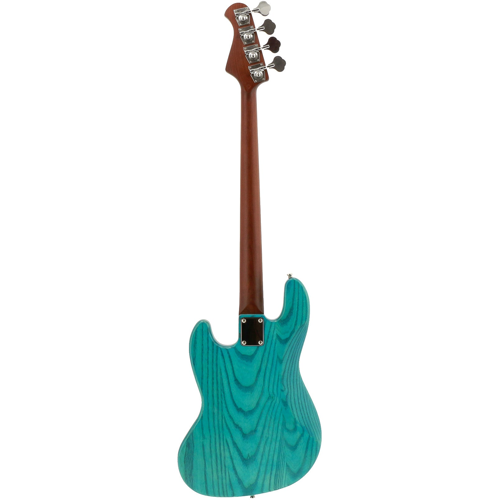 Achterkant van een turquoise basgitaar met bruine hals en zilveren stemknoppen.