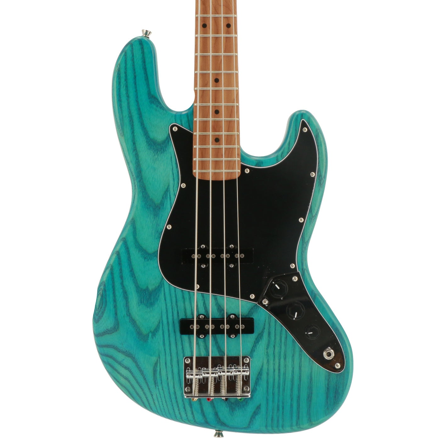 Een turquoise elektrische basgitaar met houtnerf, zwarte elementen en snaren.