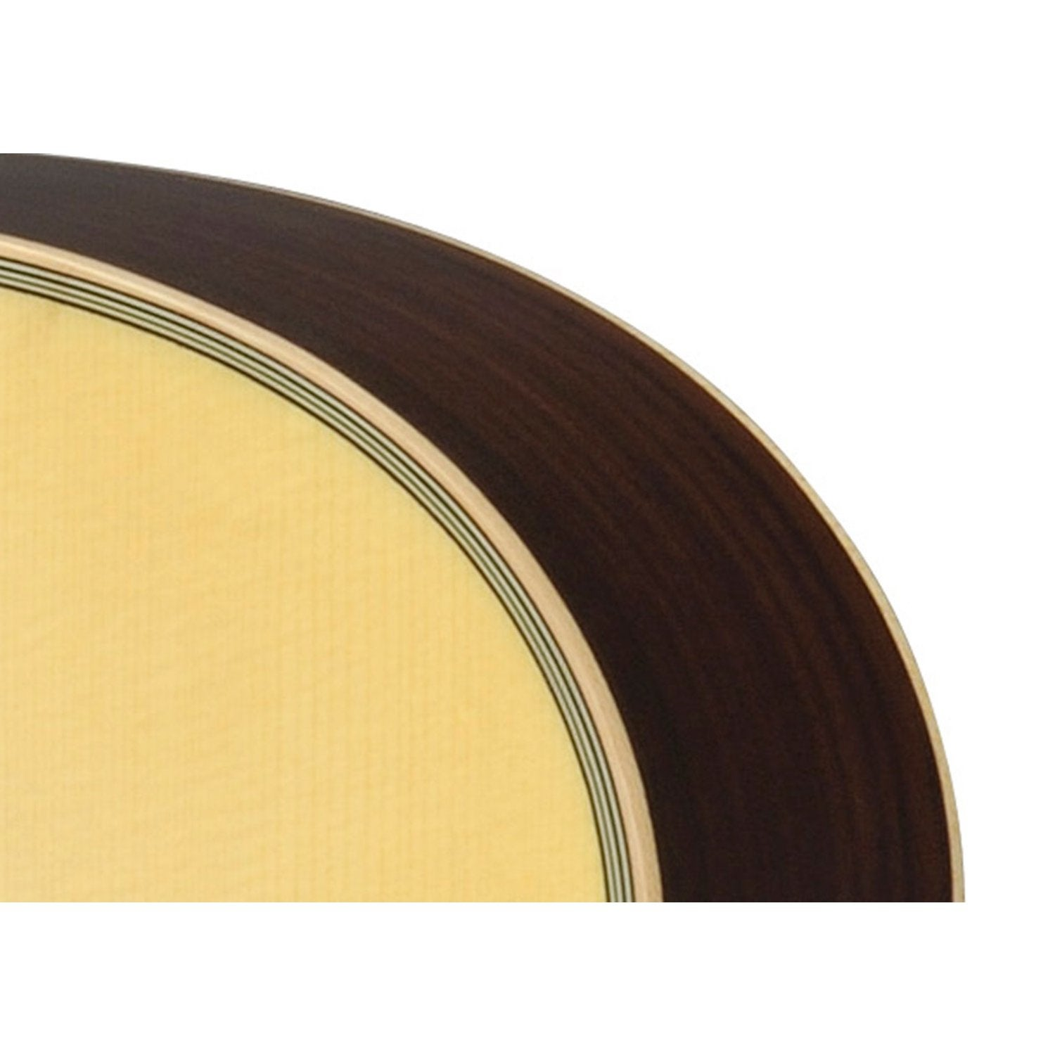 Close-up van een gitaar met licht hout en donkere binding.