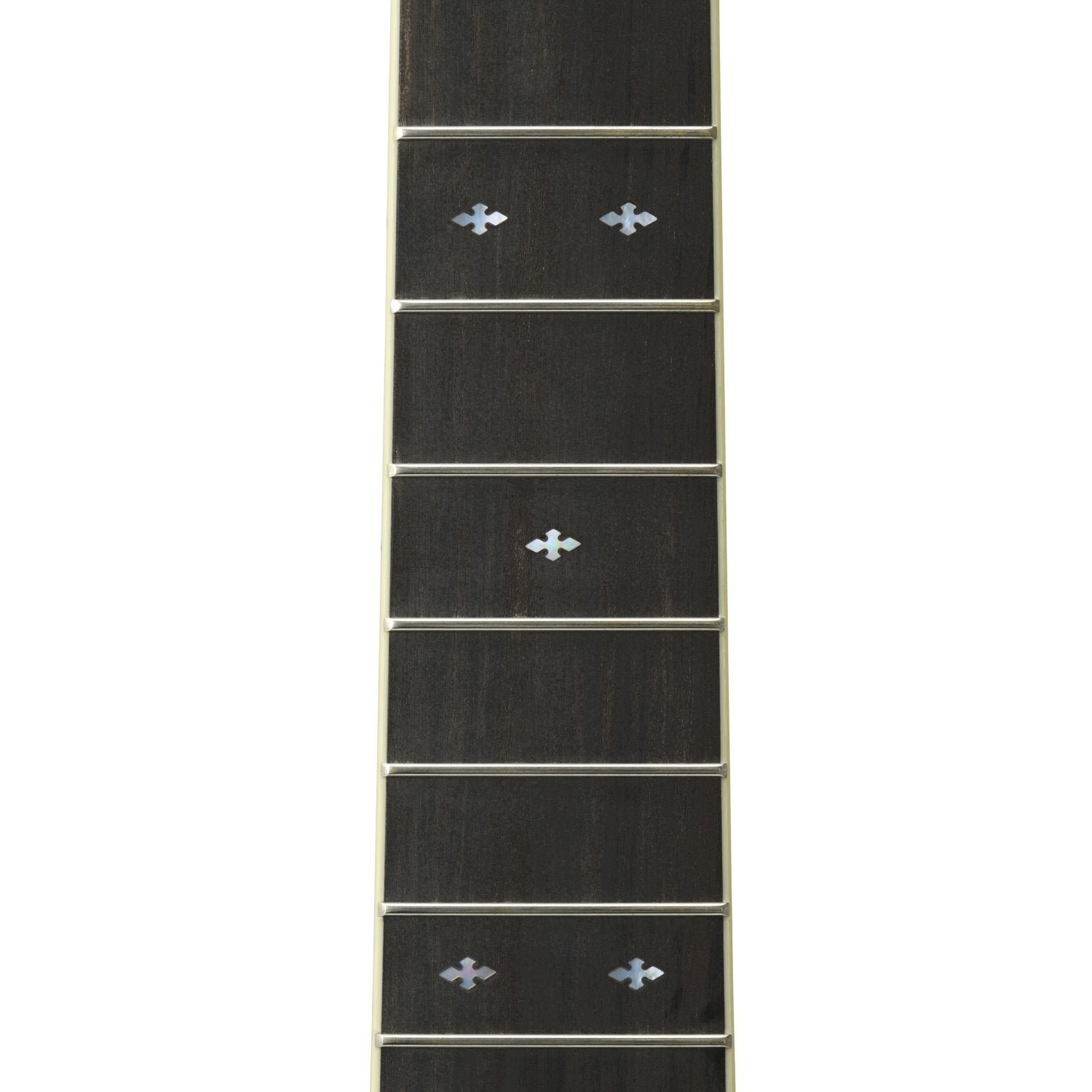 Donker hout toets met parelmoer inleg en frets op witte achtergrond.