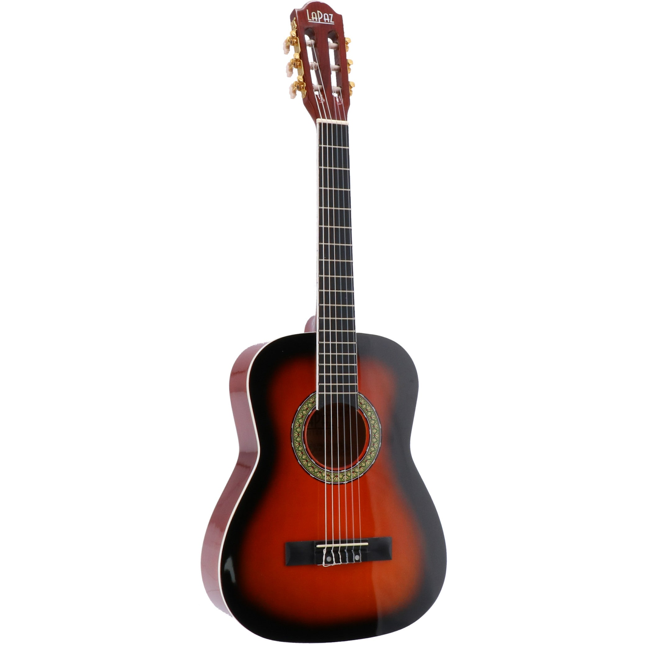 Een sunburst akoestische gitaar met zes snaren en gouden stemknoppen.
