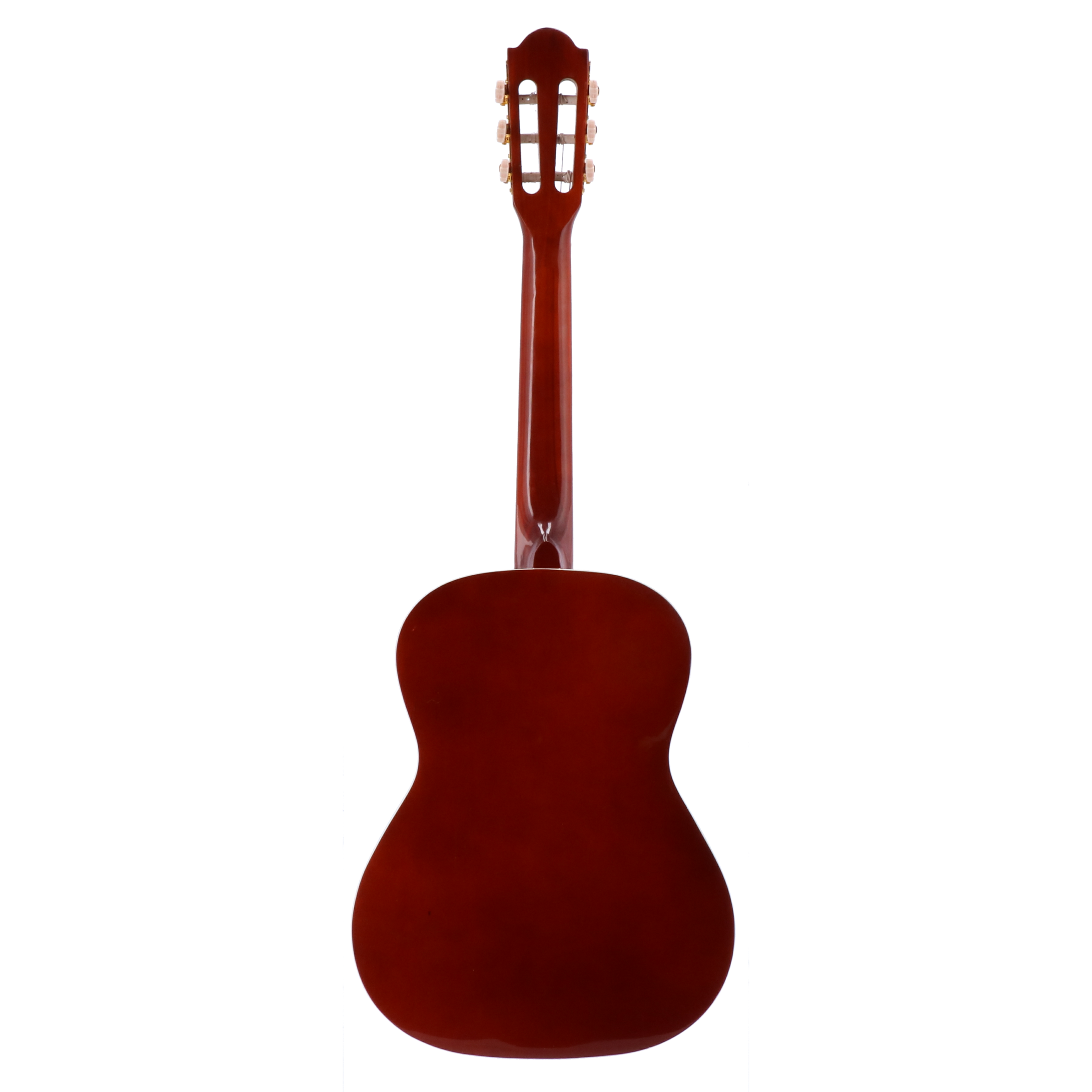 Achterkant van een bruine akoestische gitaar met hals en stemknoppen.