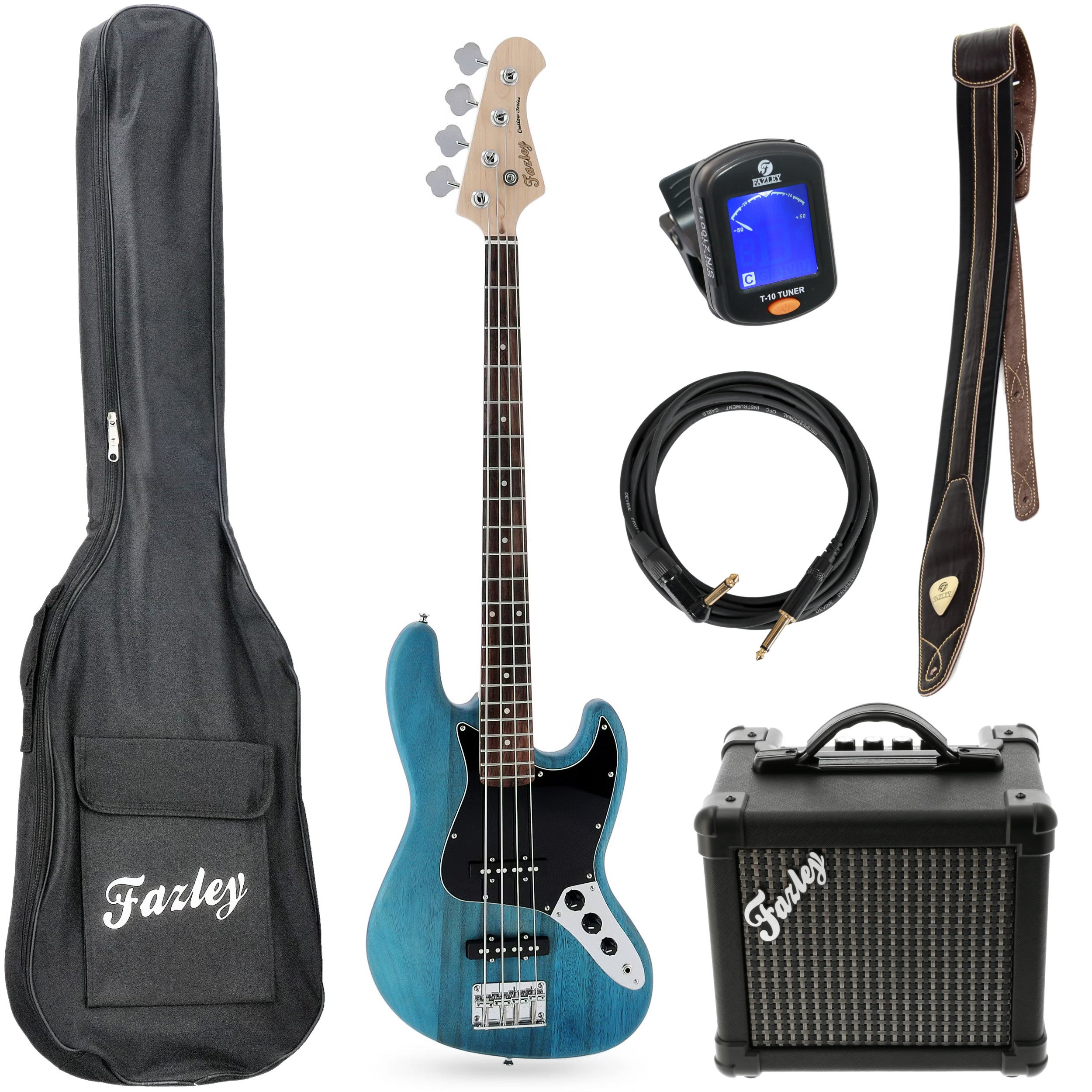 Een blauwe elektrische basgitaar met accessoires: tas, kabel, tuner, riem en versterker.