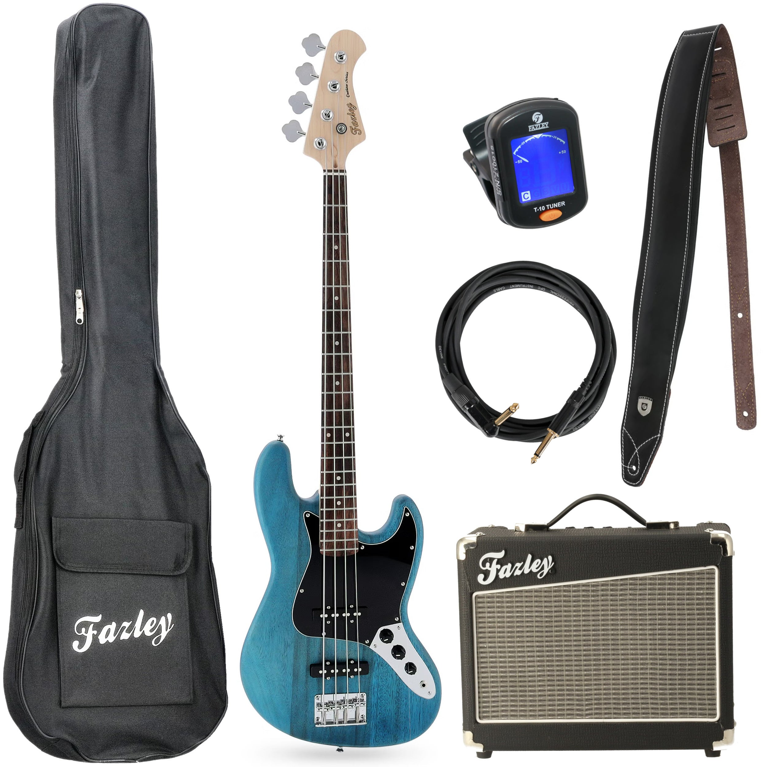 Een blauwe elektrische basgitaar met accessoires: tas, versterker, riem, kabel en tuner.