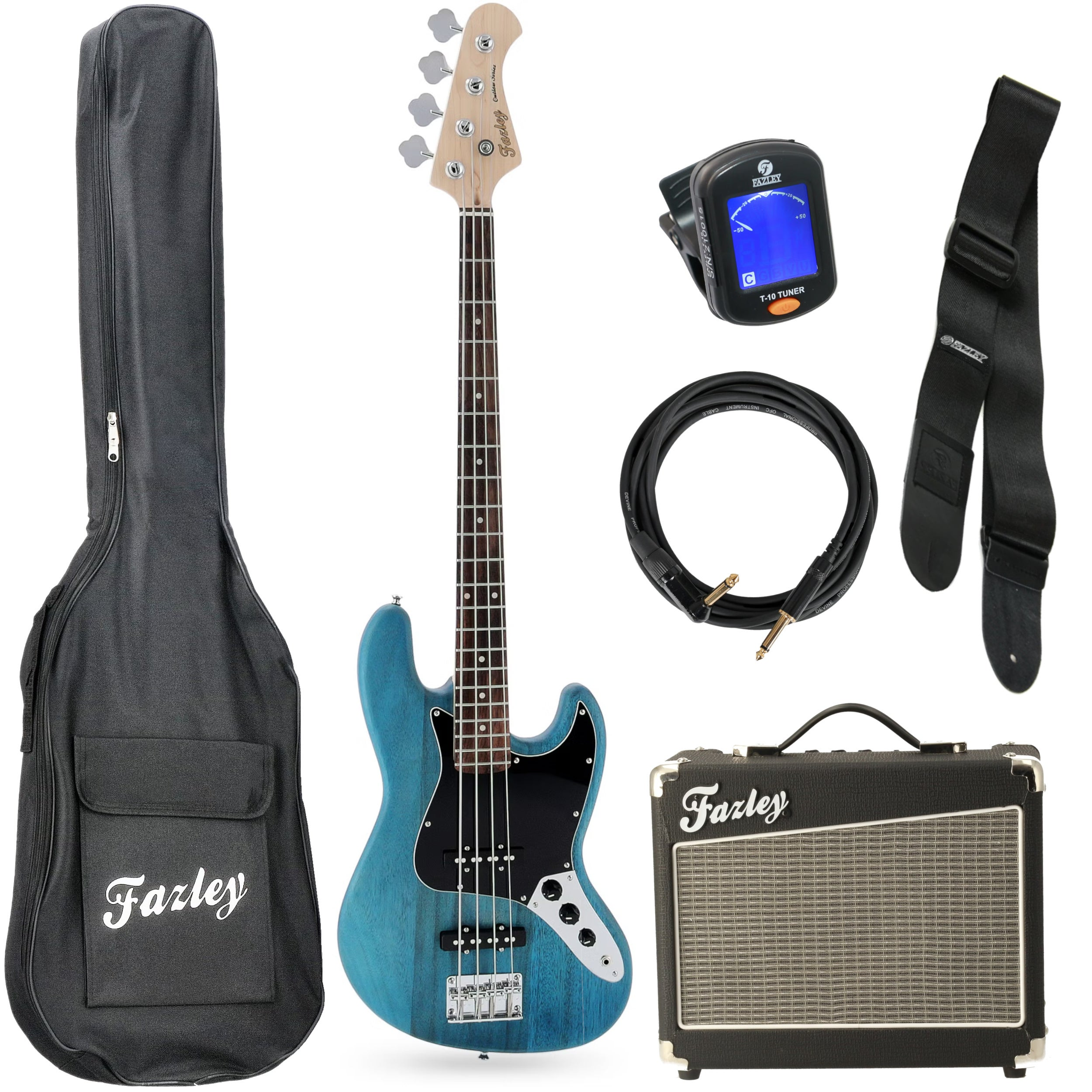 Een blauwe elektrische basgitaar met accessoires: tas, versterker, kabel, riem, tuner.