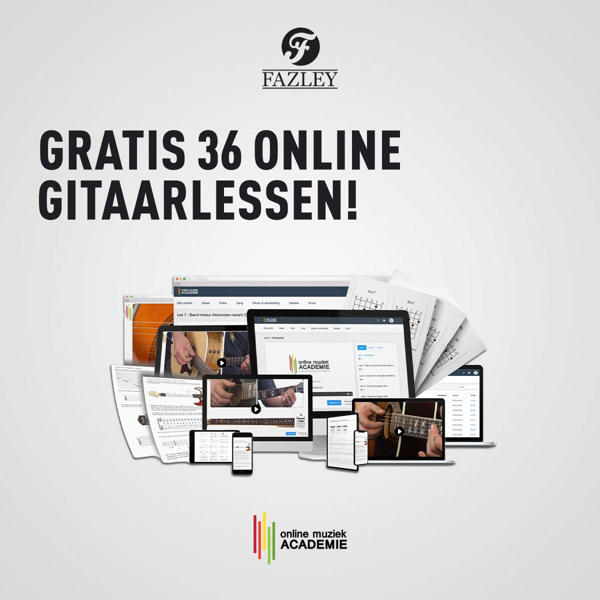 Advertentie voor gitaarlessen met Fazley logo en computers.
