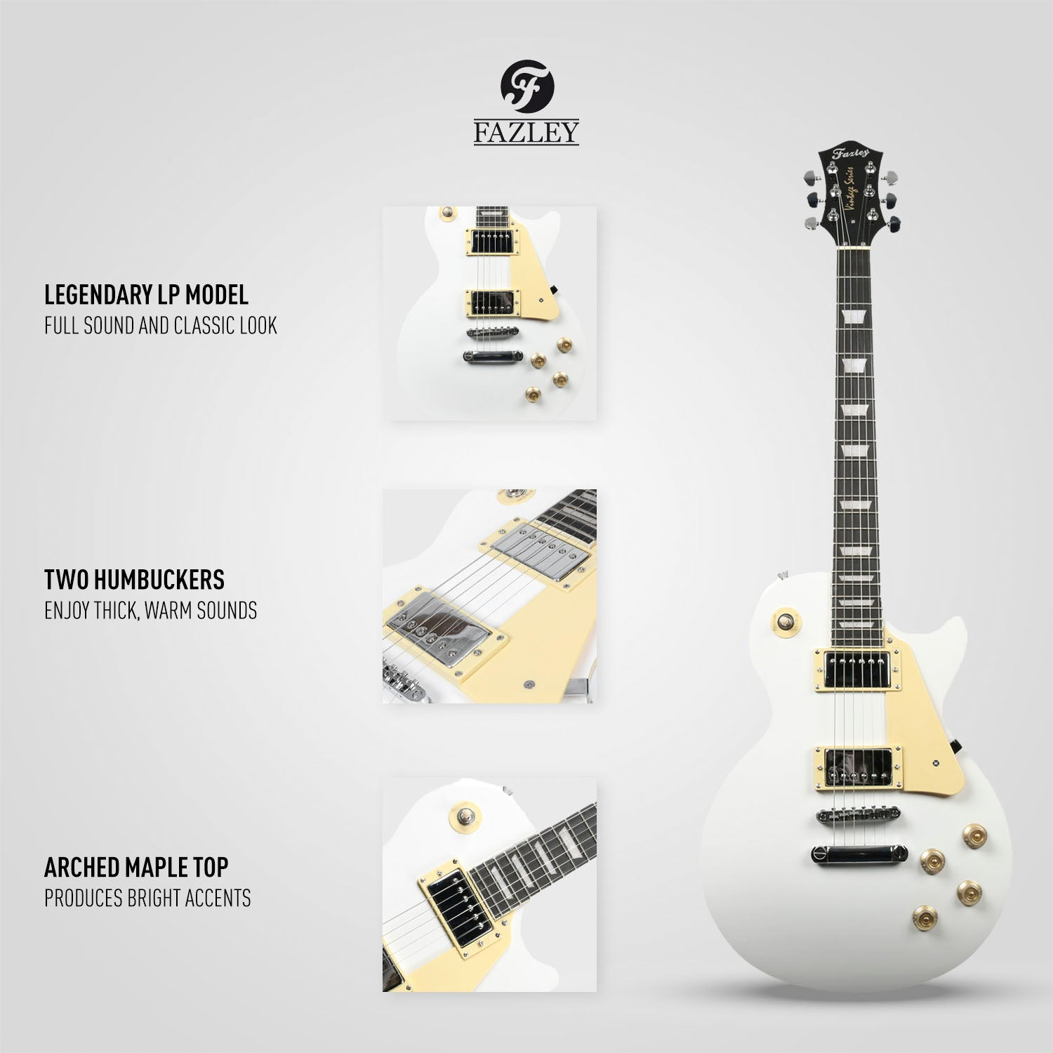 Witte elektrische gitaar met crèmekleurige accenten en gouden hardware.