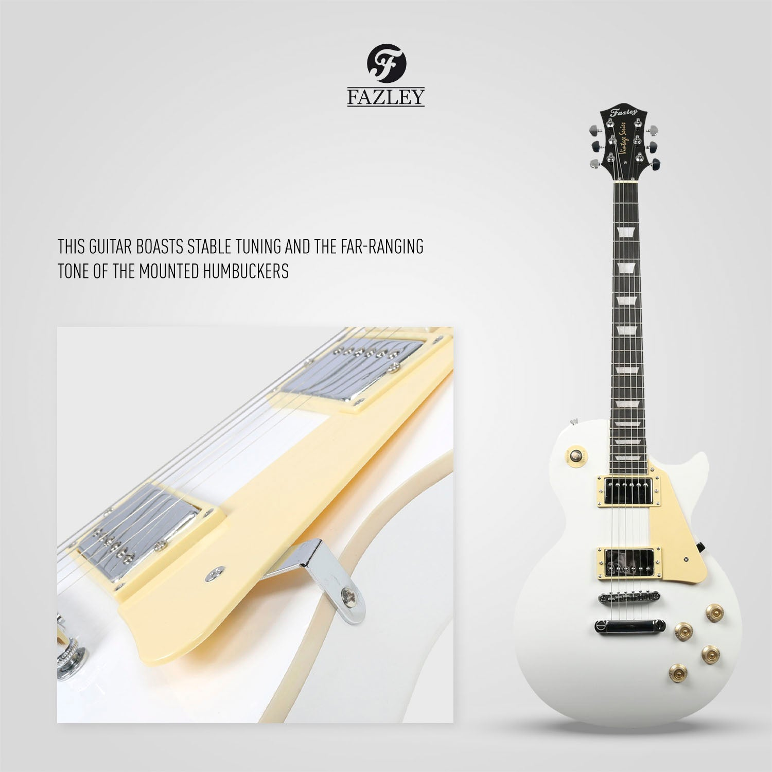 Witte elektrische gitaar met gouden hardware, close-up van snaren en pickups.