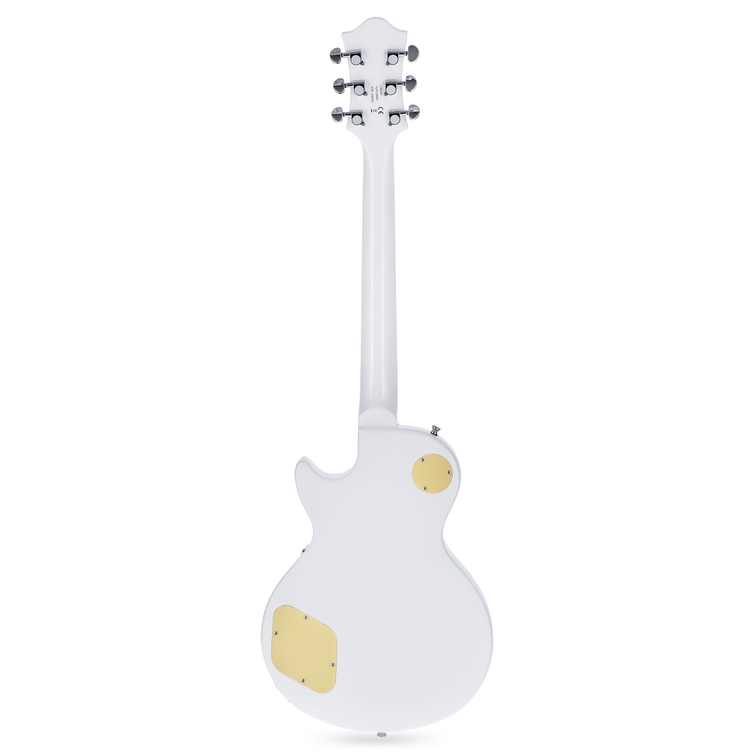 Achterkant van een witte elektrische gitaar met zes zilveren stemmechanieken en gouden kappen.