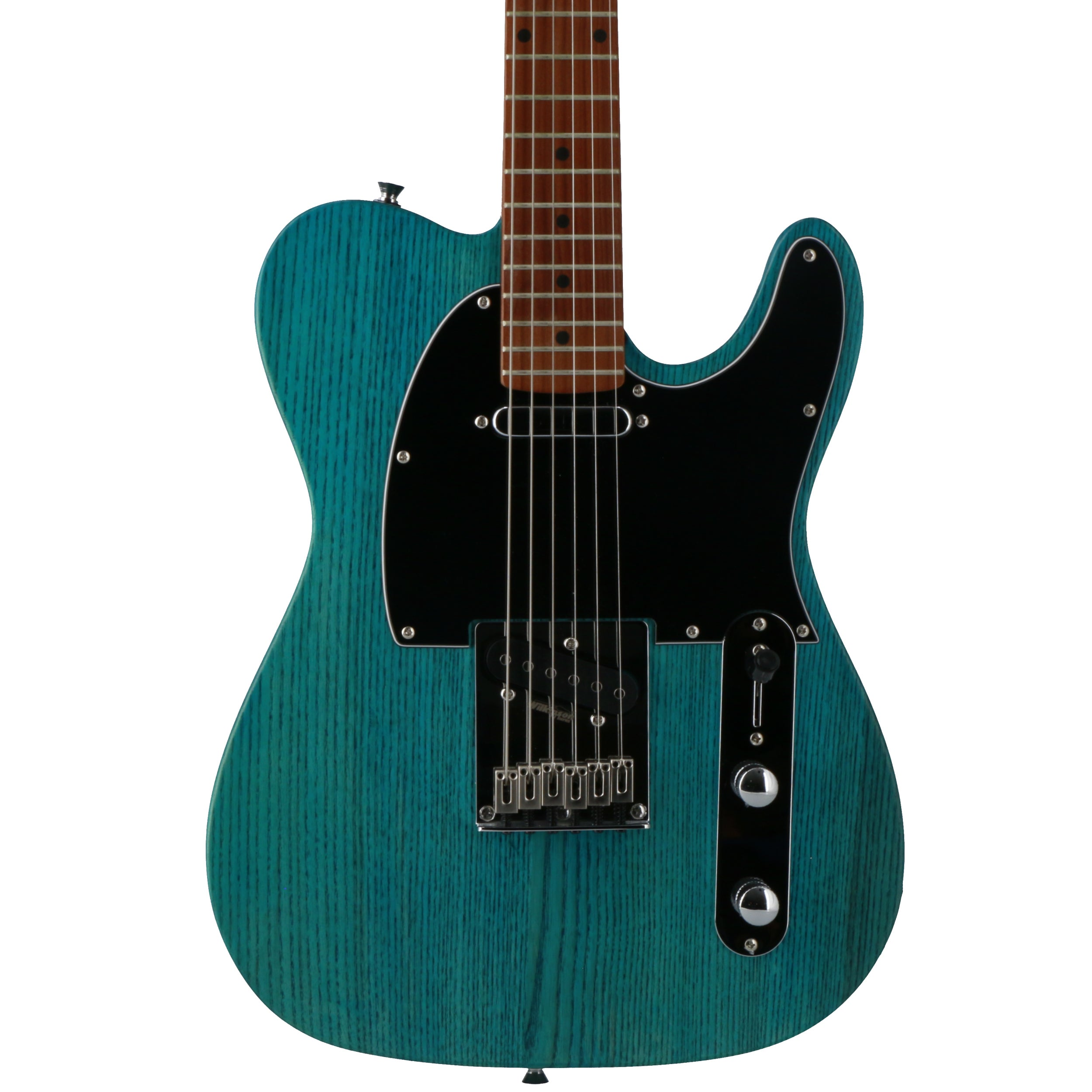 Een teal elektrische gitaar met een zwart slagplaat en zes snaren.