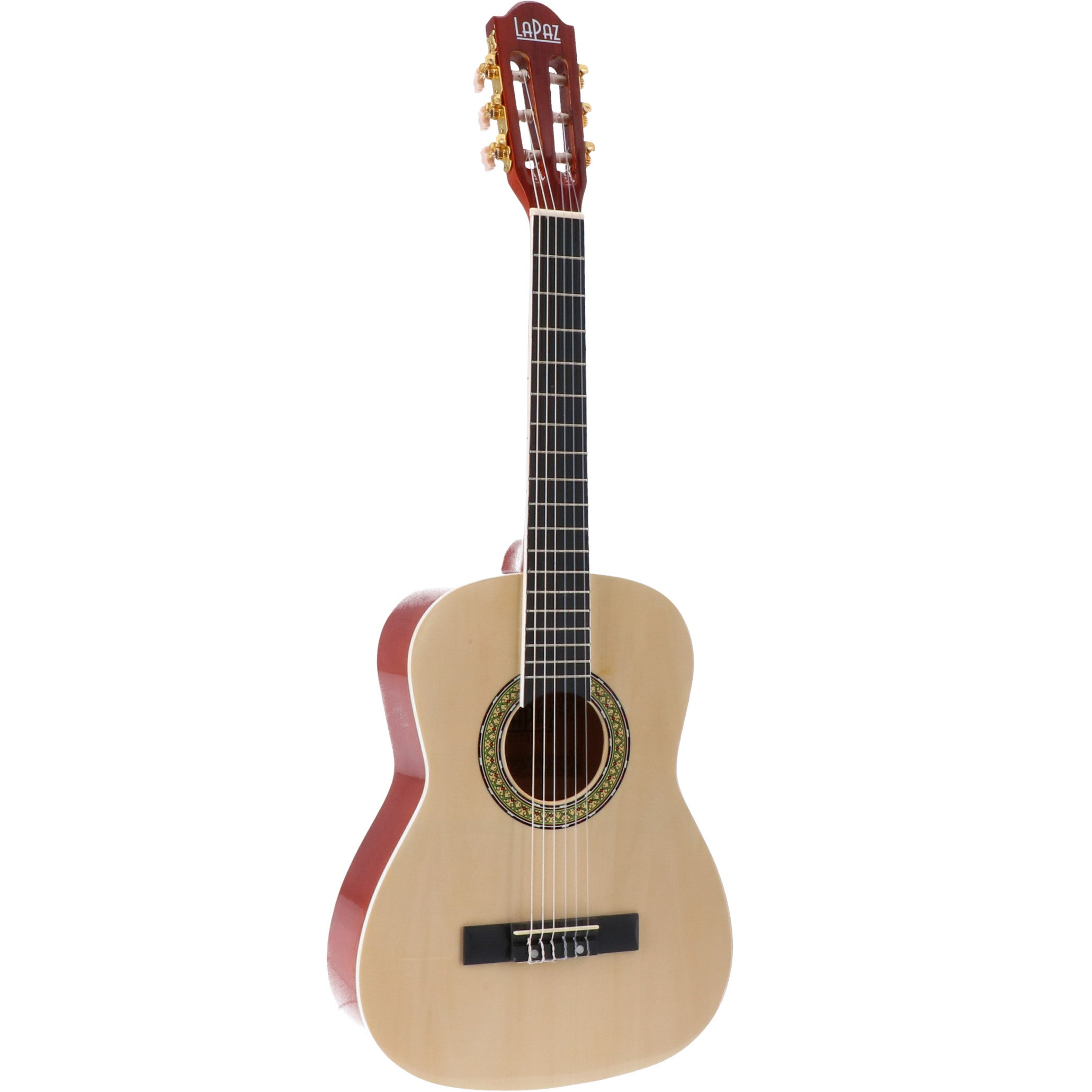 Een klassieke gitaar met een lichtbruine body en rode randen.