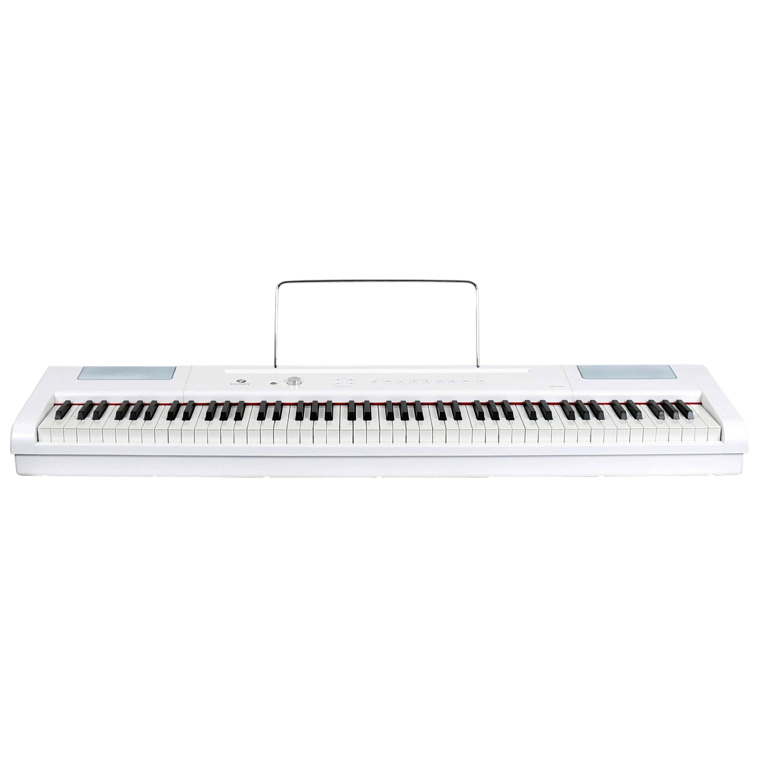 Een witte digitale piano met zwarte en witte toetsen en een muziekstandaard.