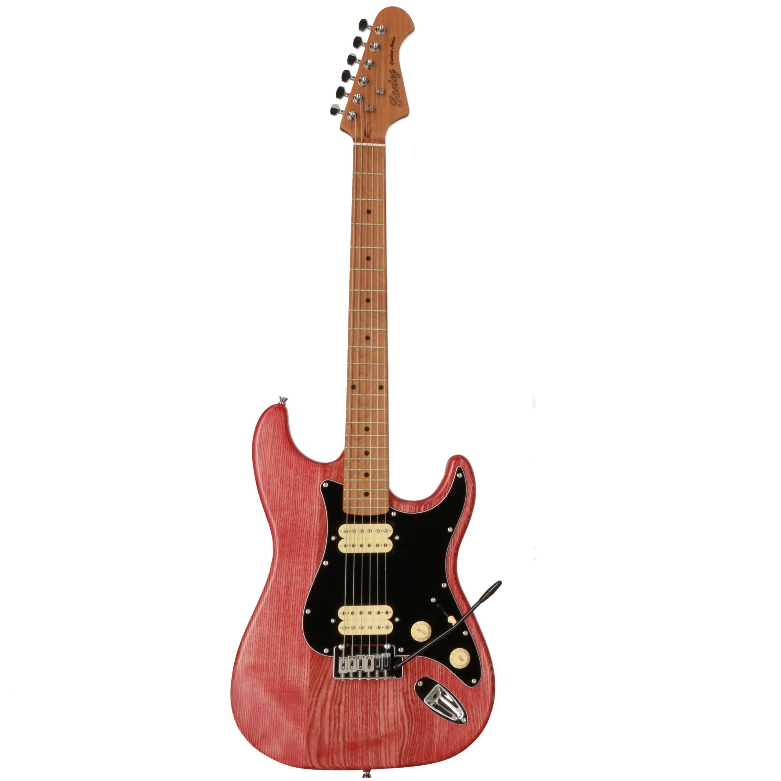 Een rode elektrische gitaar met zwart slagplaat en zilveren hardware.