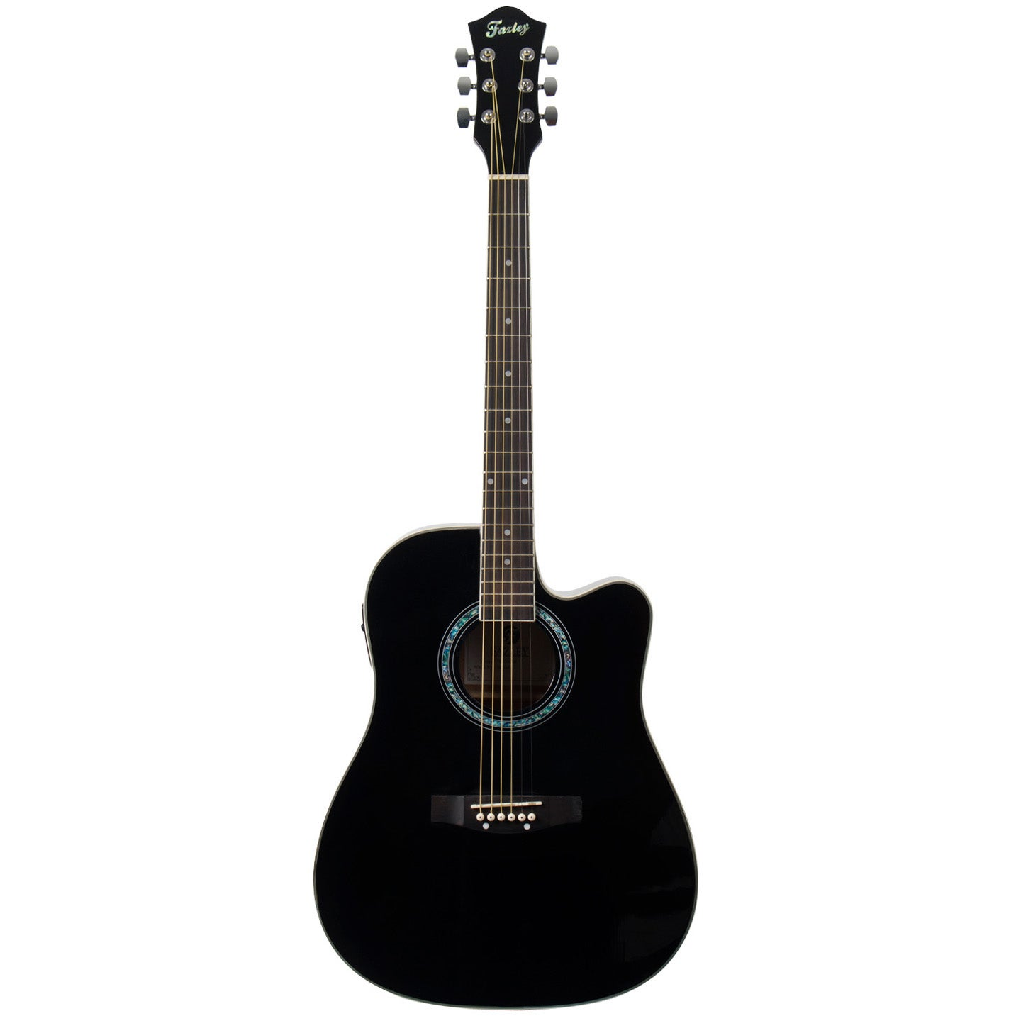 A black acoustic guitar with six strings and a cutaway body.