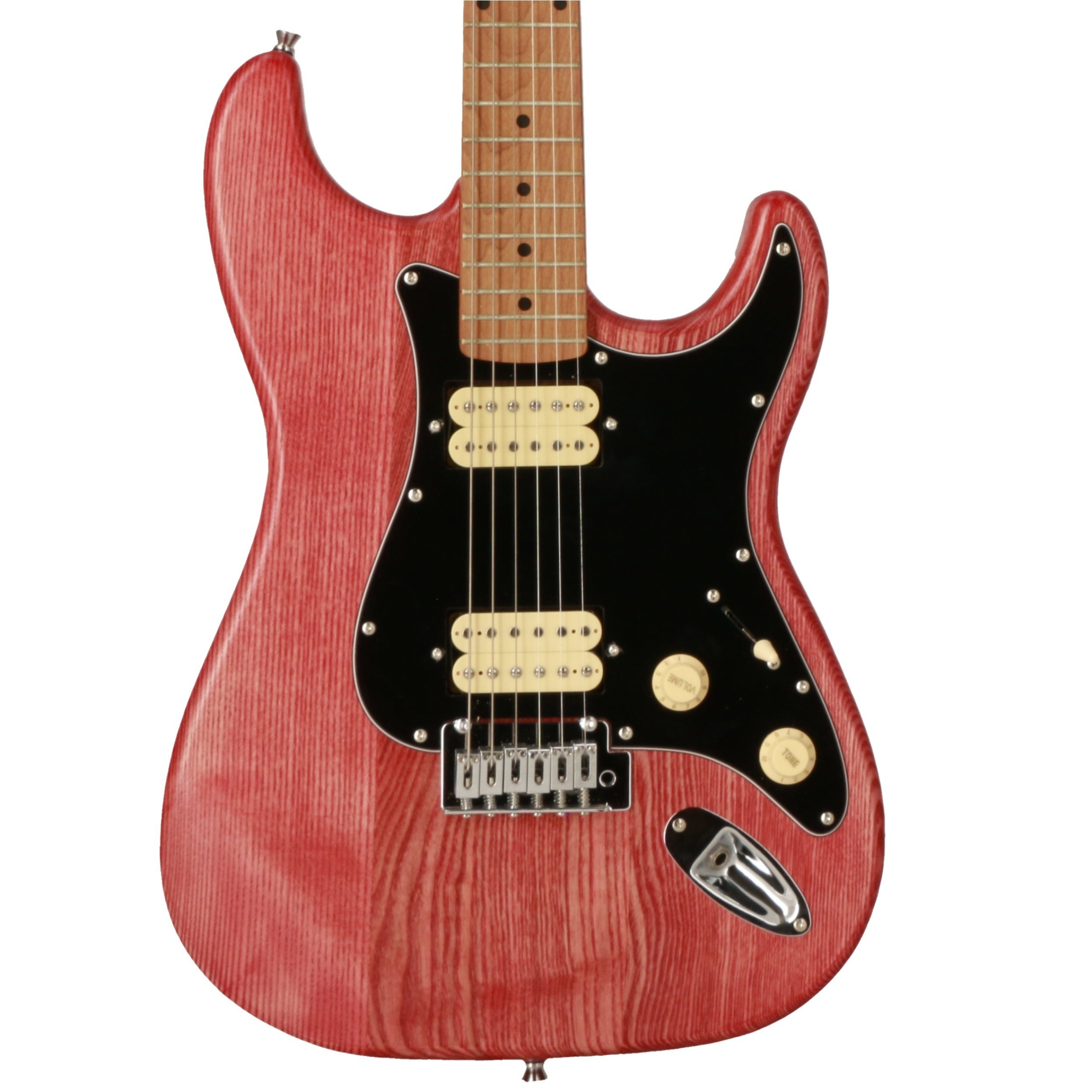 Rode elektrische gitaar met zwarte pickups en zilveren hardware.