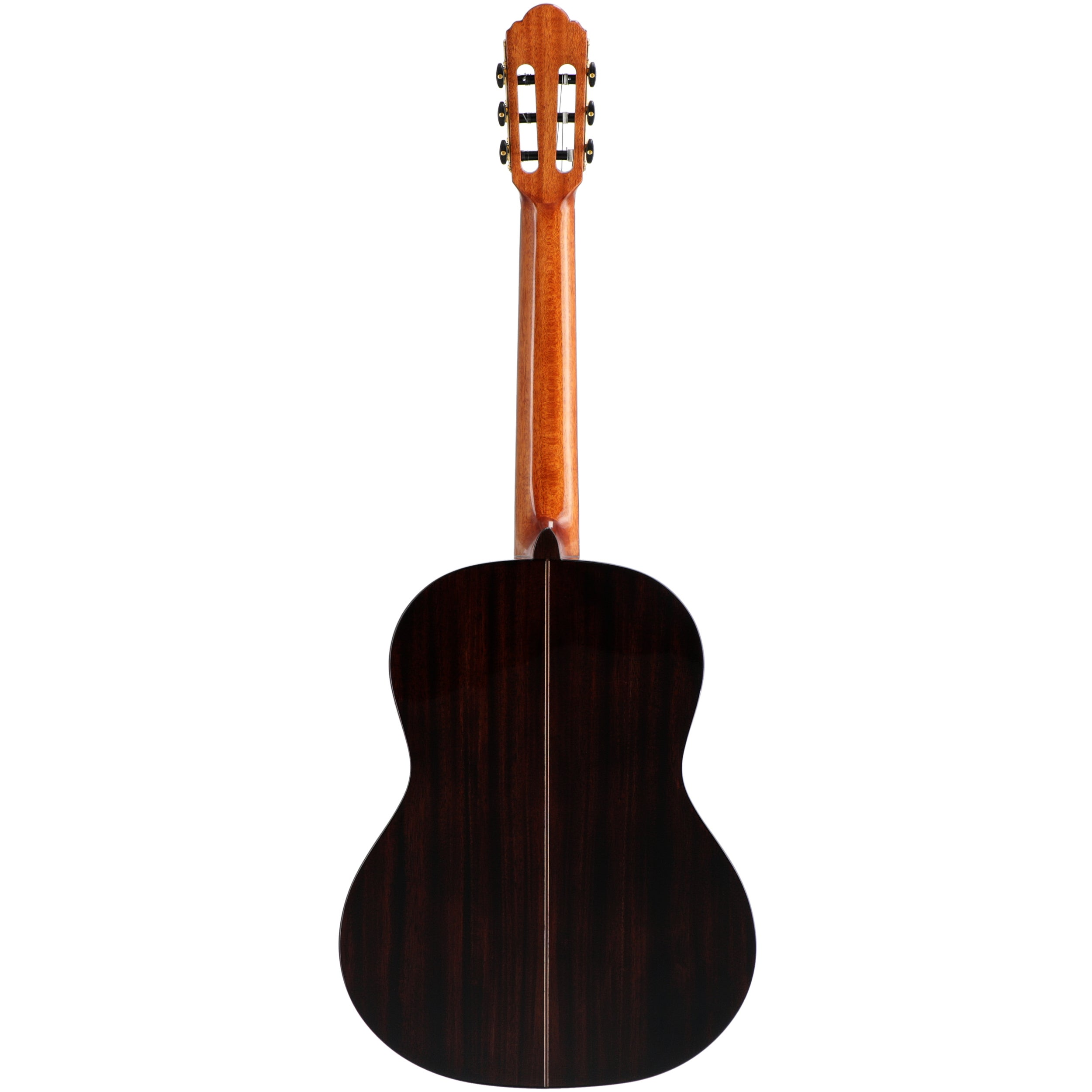 Achterkant van een donkere gitaar met lichte hals en kop, op witte achtergrond.