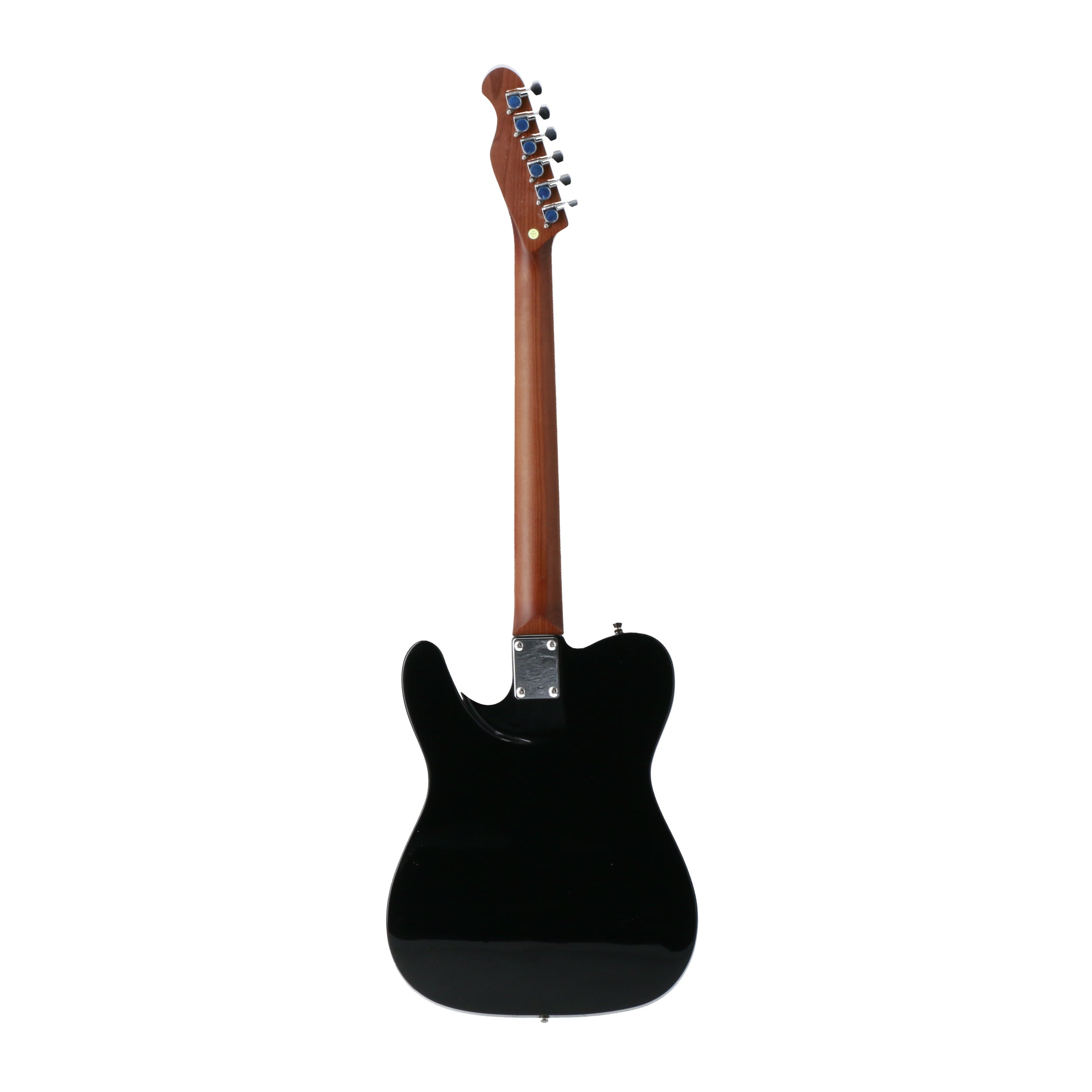 Black electric guitar with wood grain neck and silver tuning pegs.
