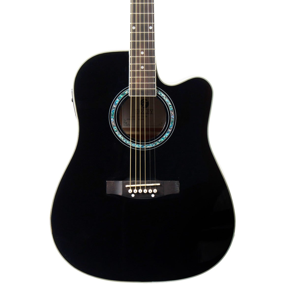 Black acoustic guitar with strings and rosette inlay around the soundhole.