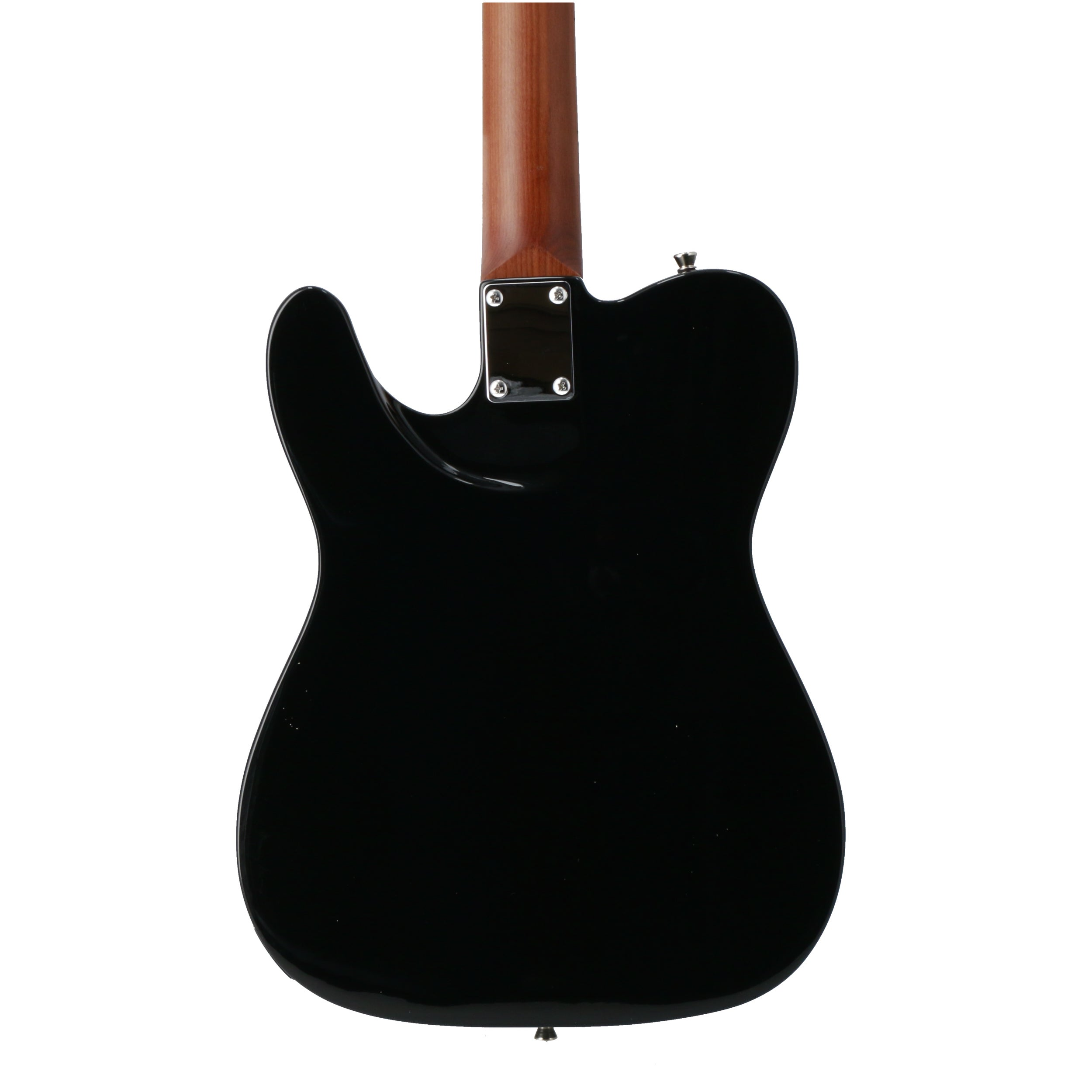Back of a black electric guitar with a brown wood neck attachment.