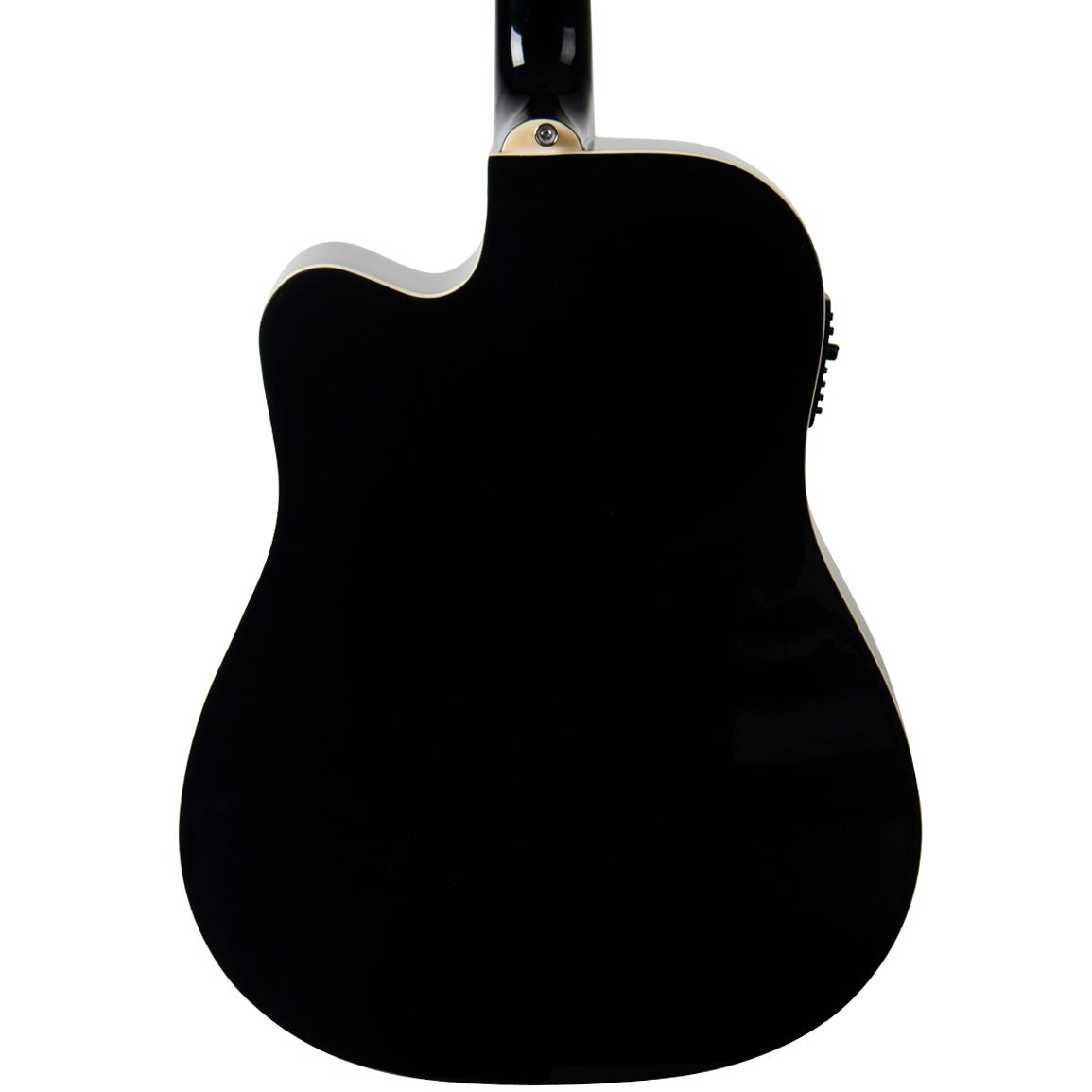 Back of a black acoustic guitar with white binding, white back.
