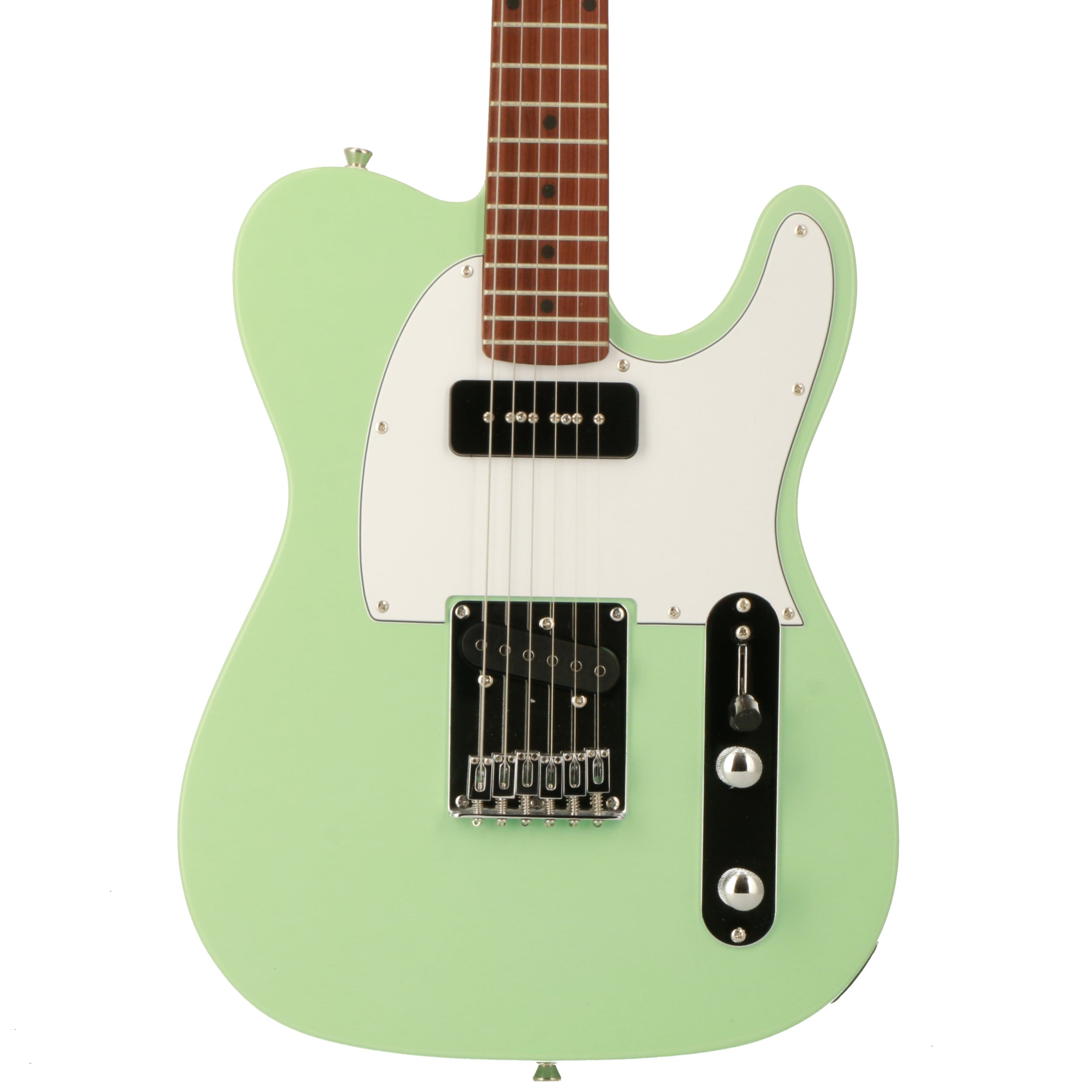 Een lichtgroene elektrische gitaar met een wit slagplaat en zwarte pickups.