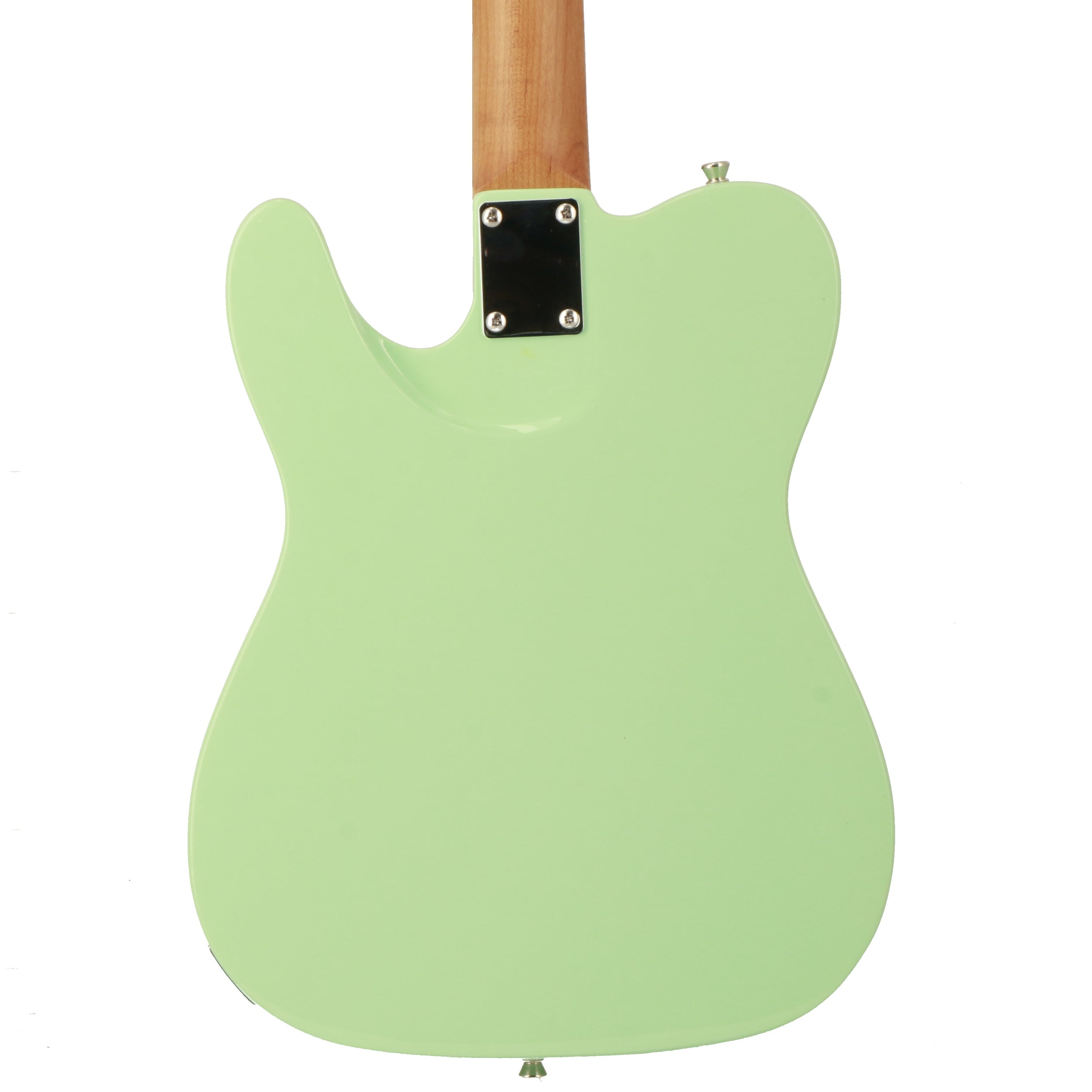 Achterkant van een lichtgroene elektrische gitaar met houtnerf op de hals.