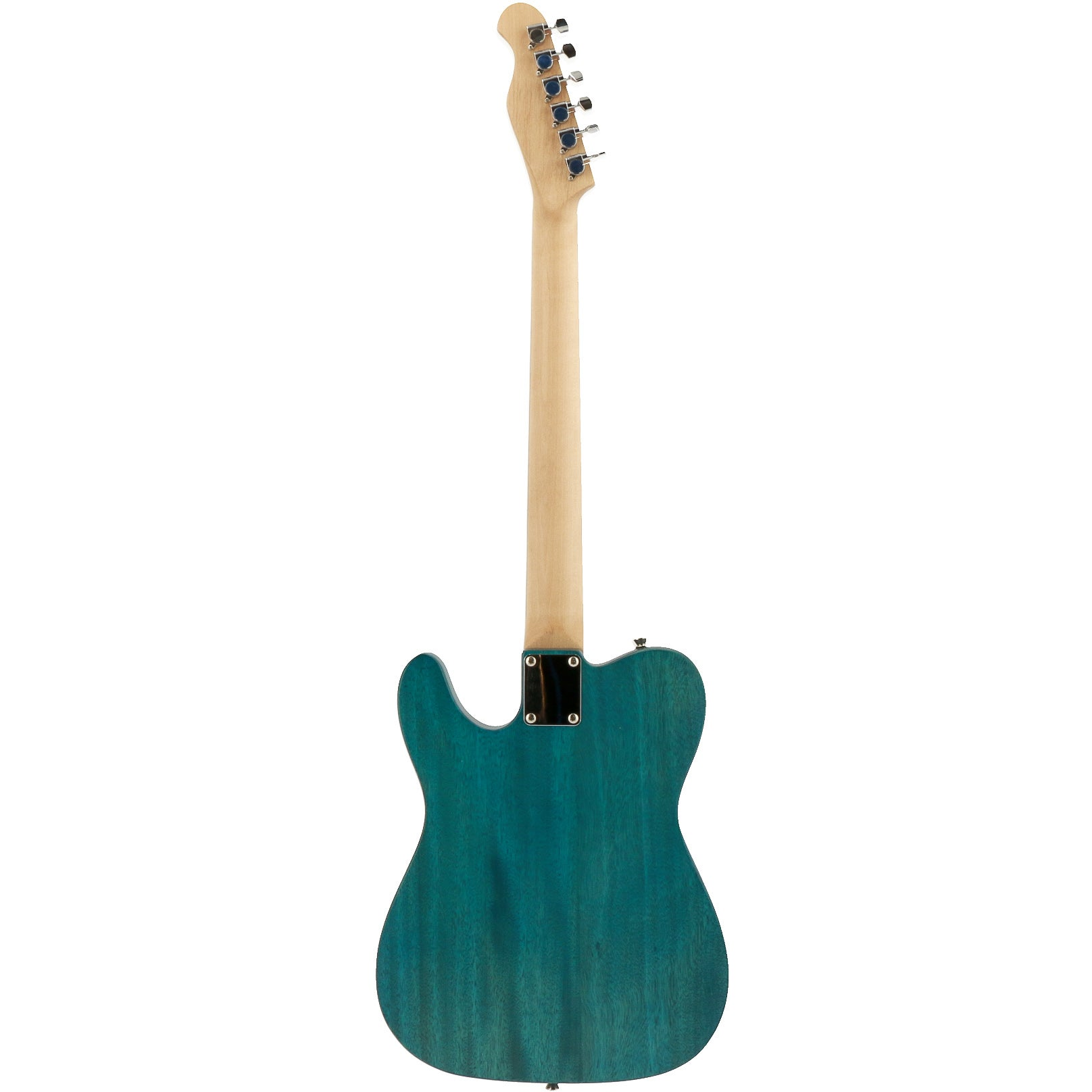 Een teal elektrische gitaar body met esdoorn hals en zilveren stemknoppen.
