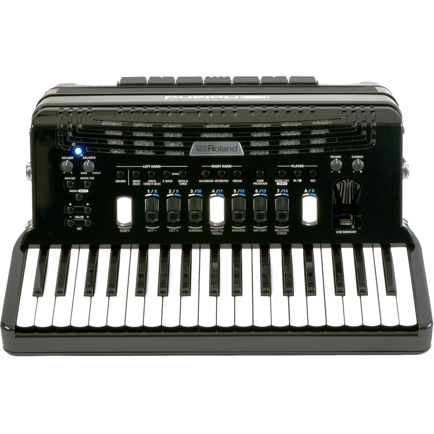 Zwarte Roland accordeon met witte toetsen en bedieningspaneel.