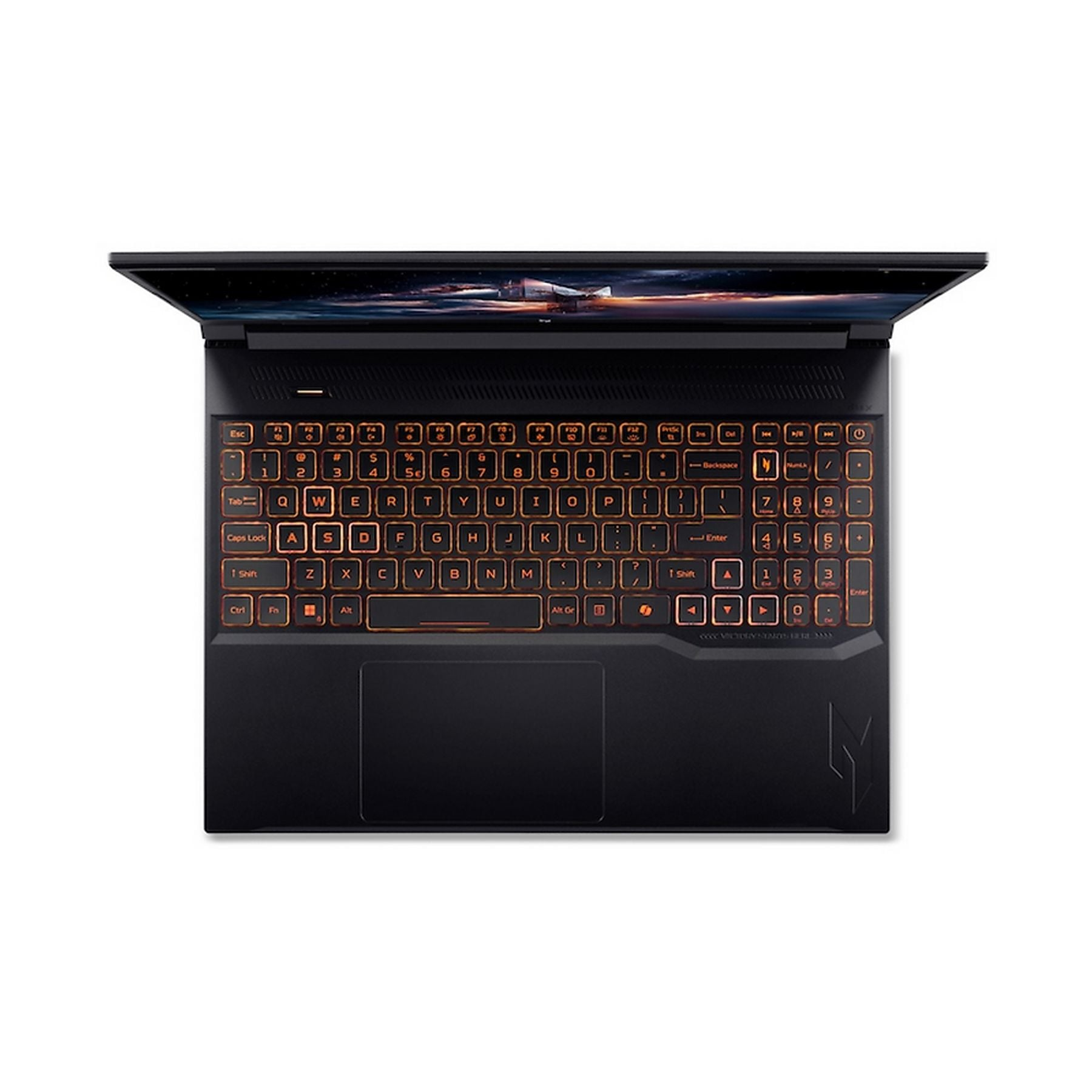 Un laptop nero con tastiera illuminata e coperchio aperto.