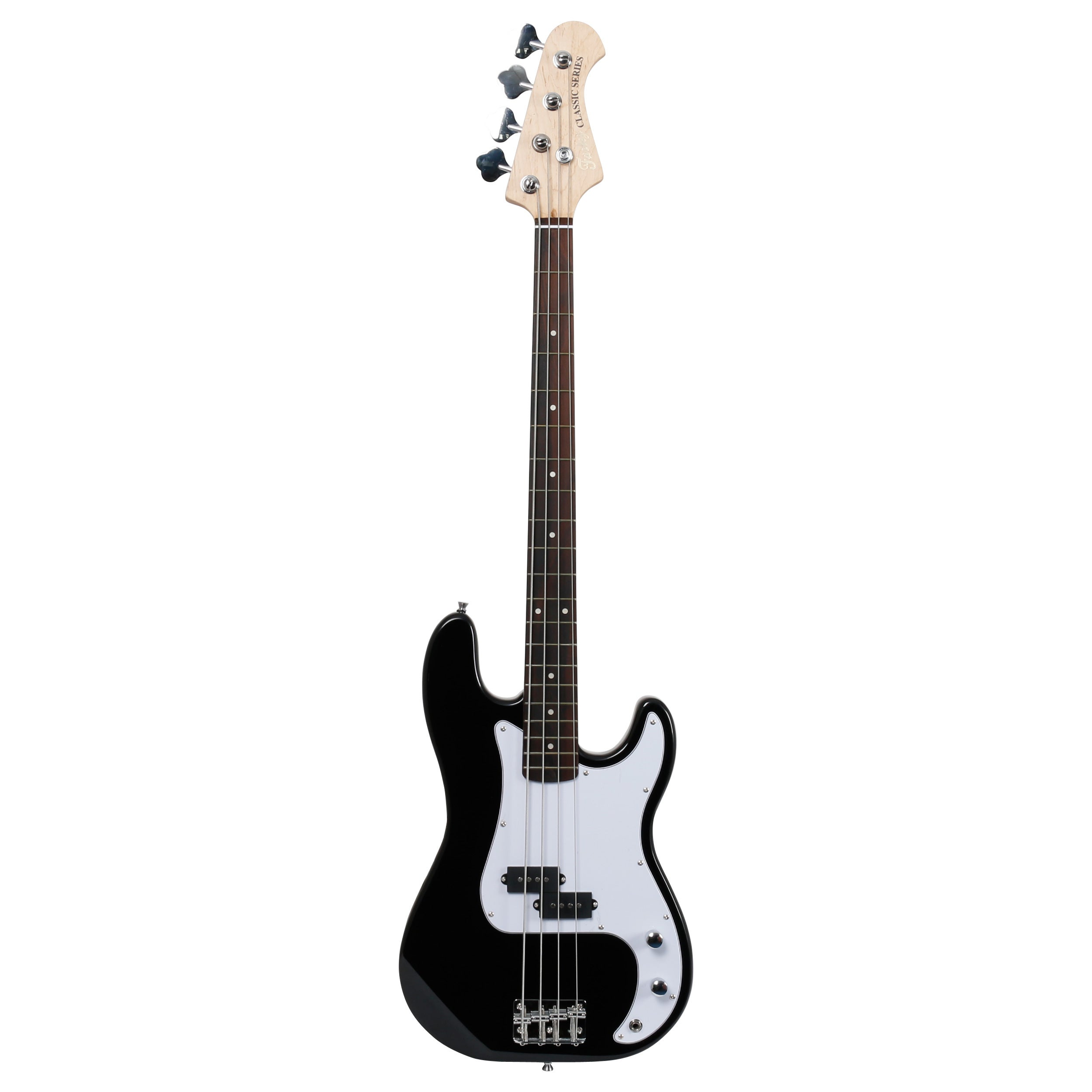 A black bass guitar with a white pickguard and silver hardware.