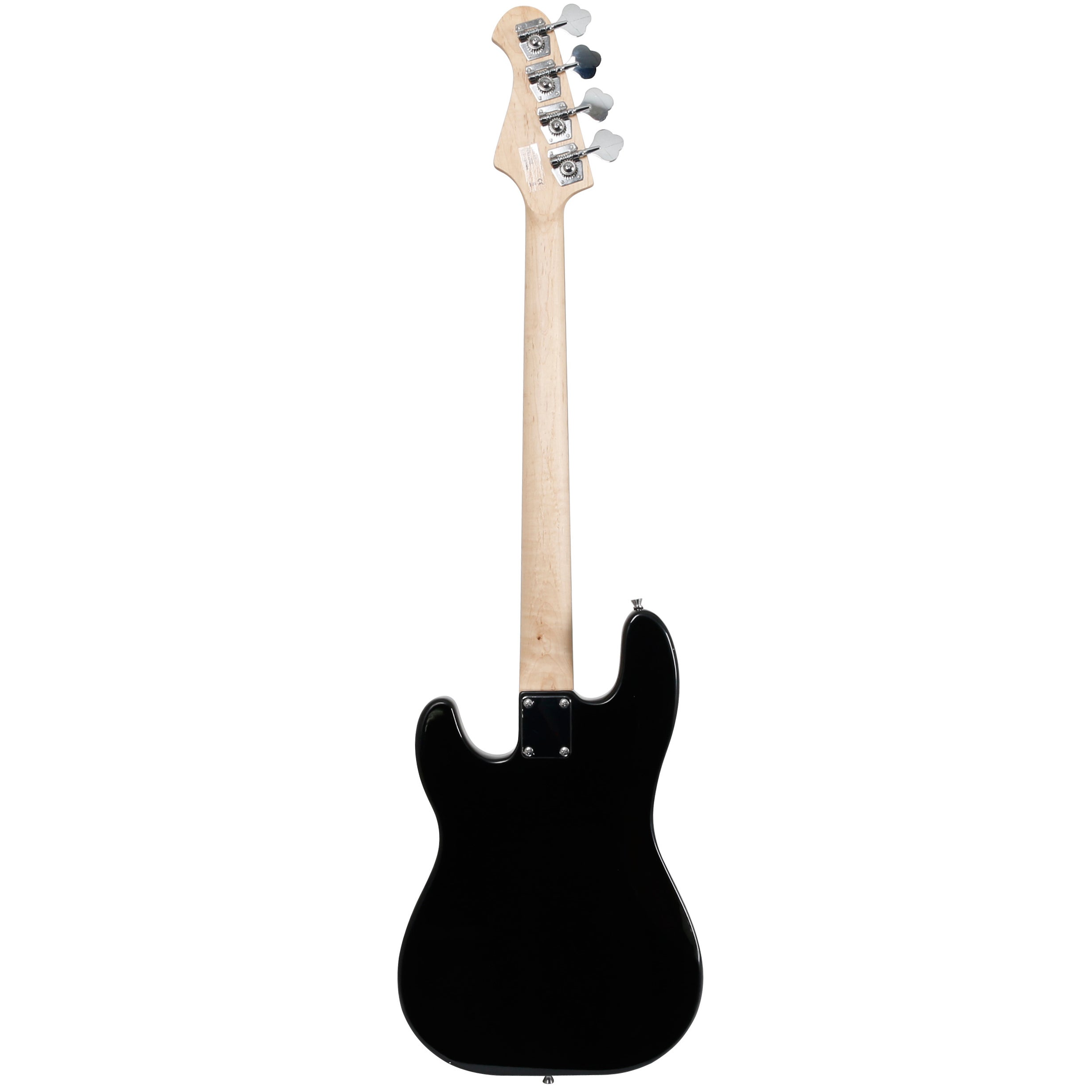Black electric bass guitar with light wood neck and chrome tuning pegs.