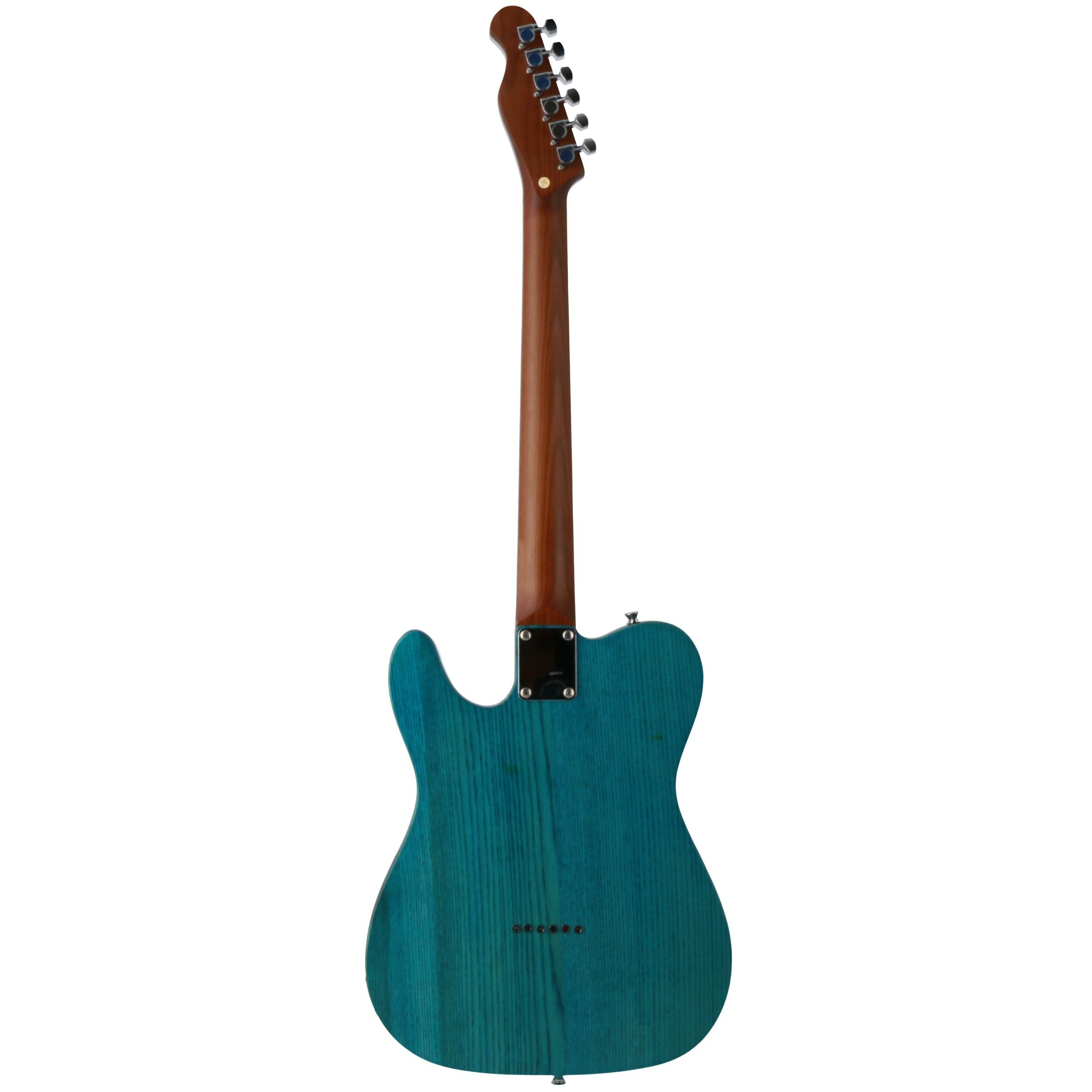 Achterkant van een blauwe elektrische gitaar met bruine hals en kop.